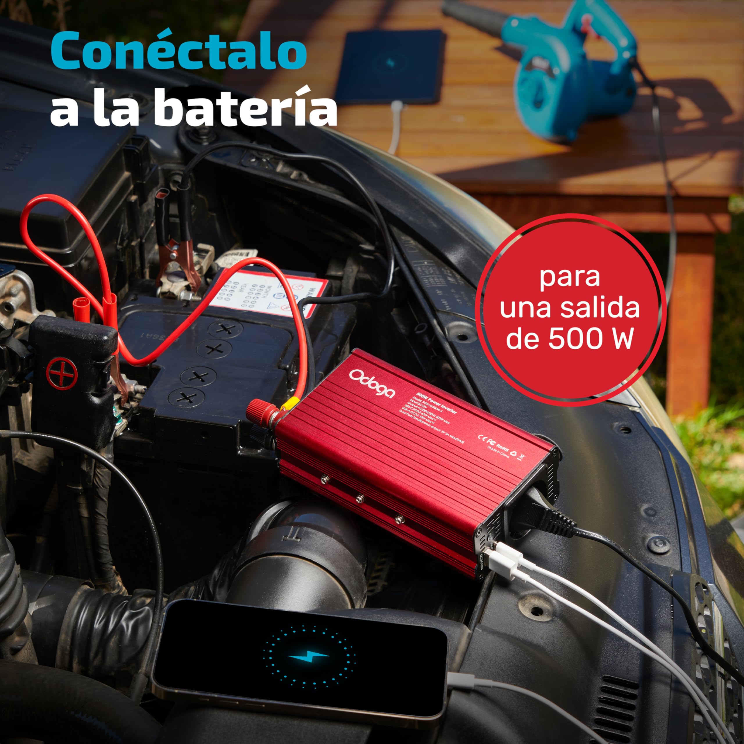 Odoga Inversor 12v 220v – Transformador 500W, Convertidor con Puertos USB-A y USB-C de 3A – Adaptador Mechero Coche a Enchufe – Cargue Sus Dispositivos en Autocaravanas, Camper Furgoneta y Coche — view 5