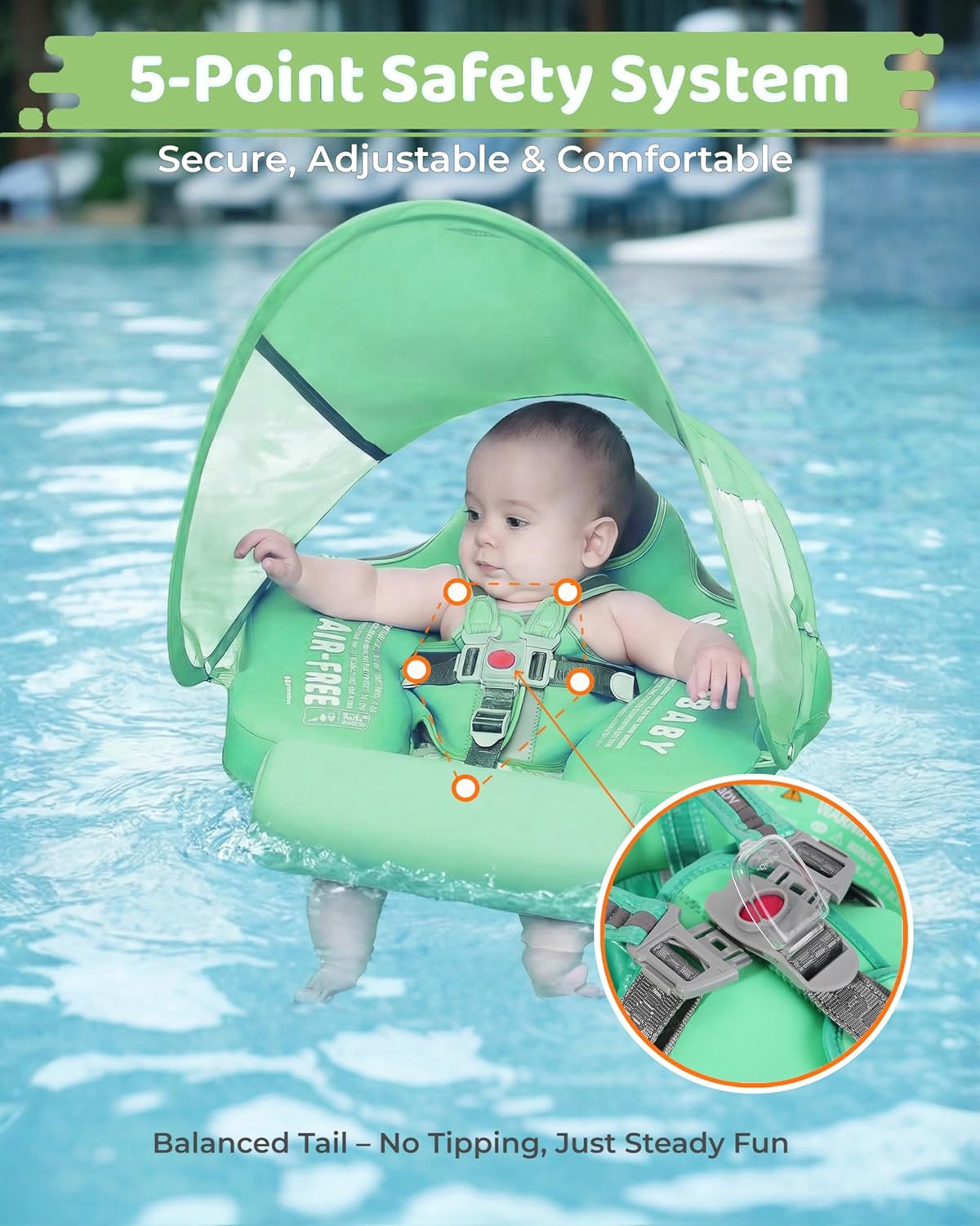 Mambobaby No Inflate Baby Float with Canopy, Infant Toddler Pool Float for 3-24 Months, UPF 50+ Sun Protection 5-Point Harness Solid Pearl-Foam Soft Skin-Friendly Fabric Material for Baby Boat Float