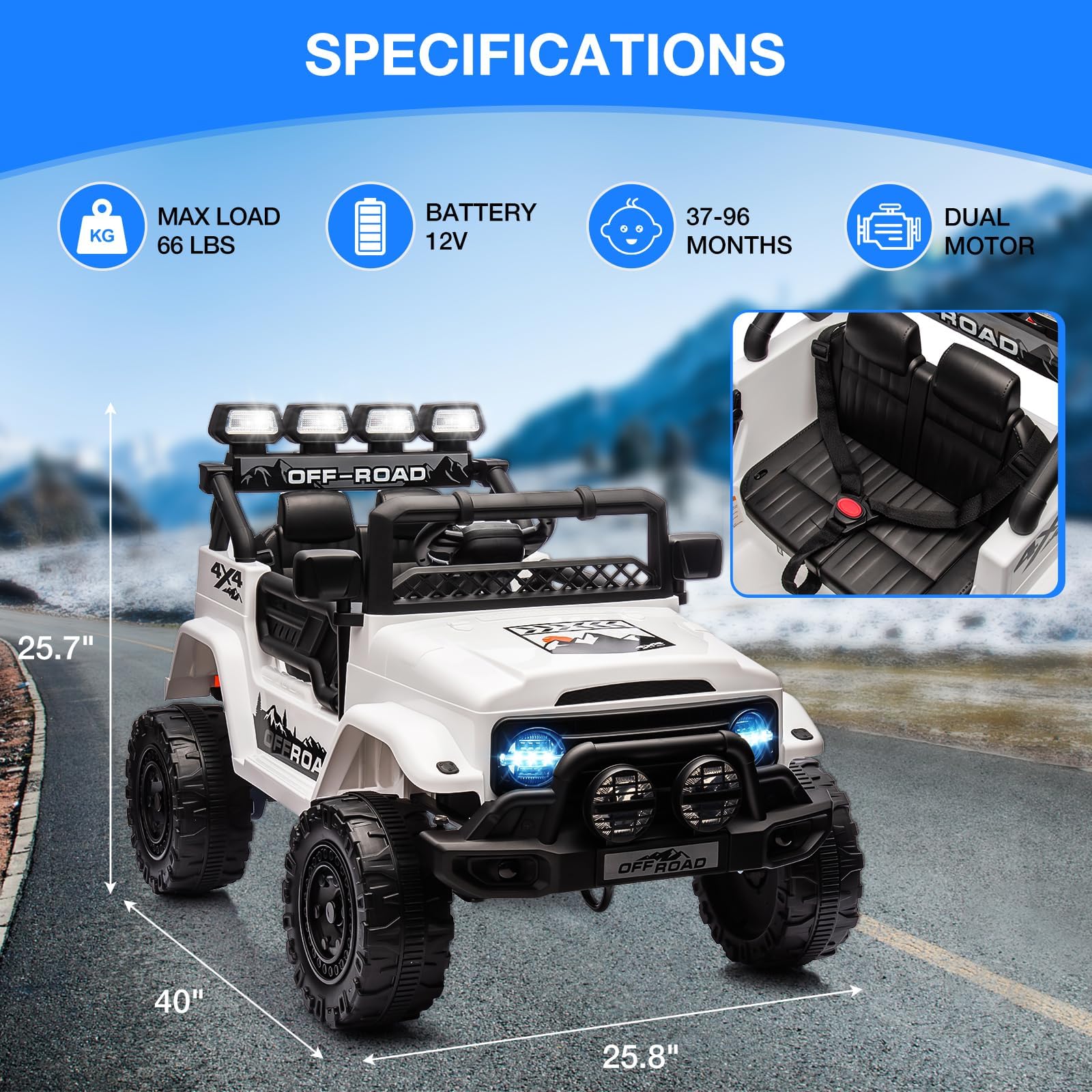 Auto elettrica per bambini 12V 2 posti con telecomando 2.4G - 3 velocità, luci LED, musica, senza fili, clacson - Veicolo elettrico per bambini 3-8 anni, massima sicurezza - Bianco