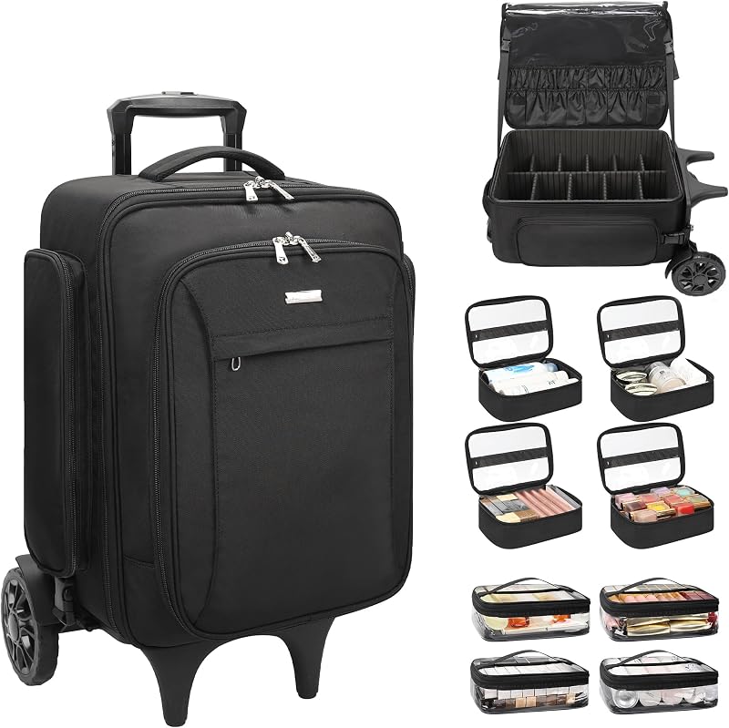 Relavel Maleta de Maquiagem com Rodas e 4 Bolsas Transparentes, Preta