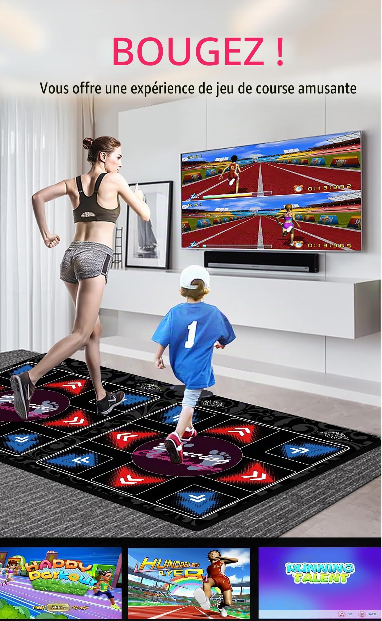 Tapis de Danse HDMI Double pour Enfants et Adultes, 64 Go avec 899 Jeux et 650 Morceaux, Fitness Dance Mat Sans Fil avec Modes MV/3D/Dessin Animé, Tissu en Flanelle Douce Premium, Cadeau Amusant