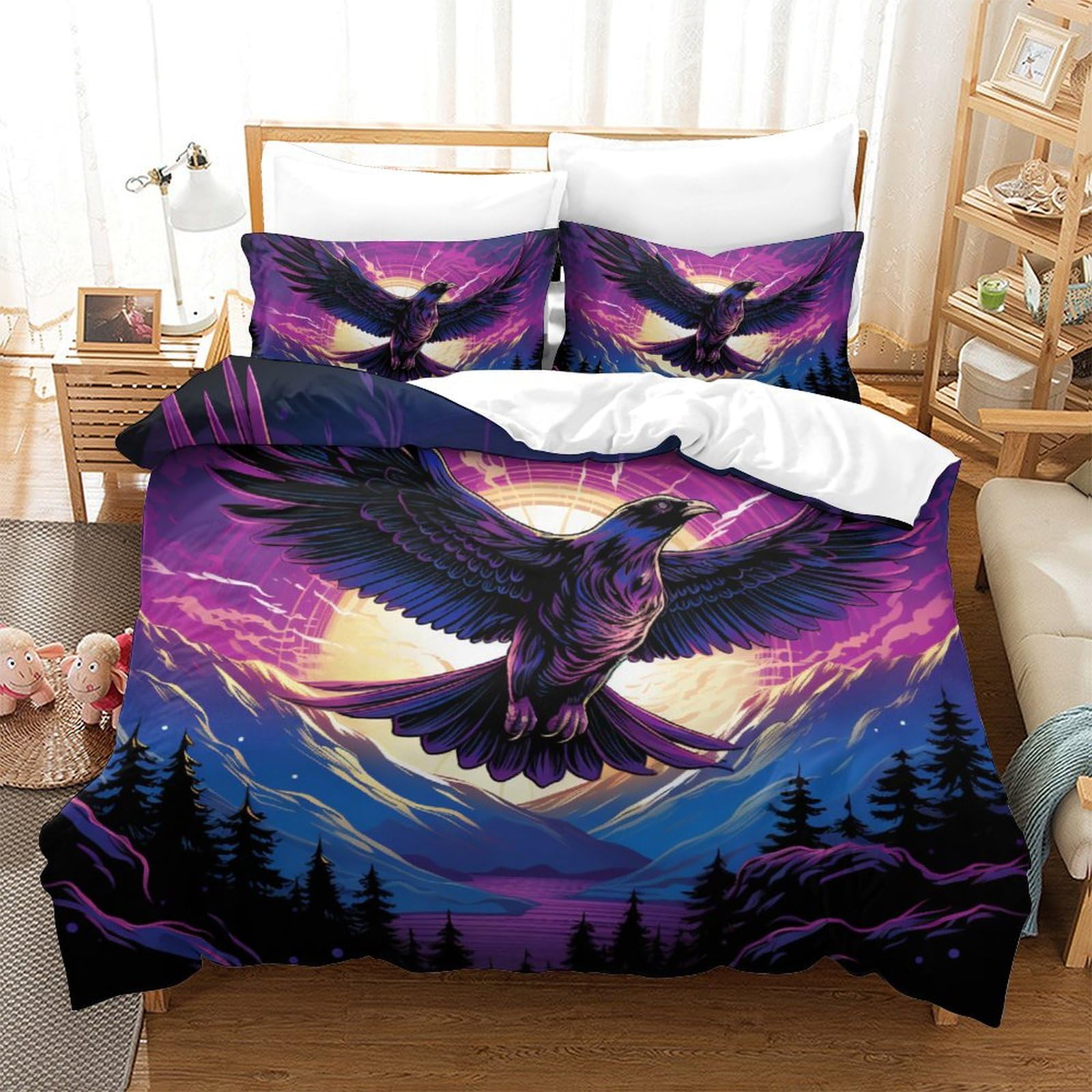 Housse de couette King Aigle 3D parure de lit en microfibre 220x240cm avec fermeture éclair