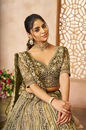 ソフトネット生地 ゴージャス ブライダル レヘンガ Mehendi Thread Work Lehenga 13400用