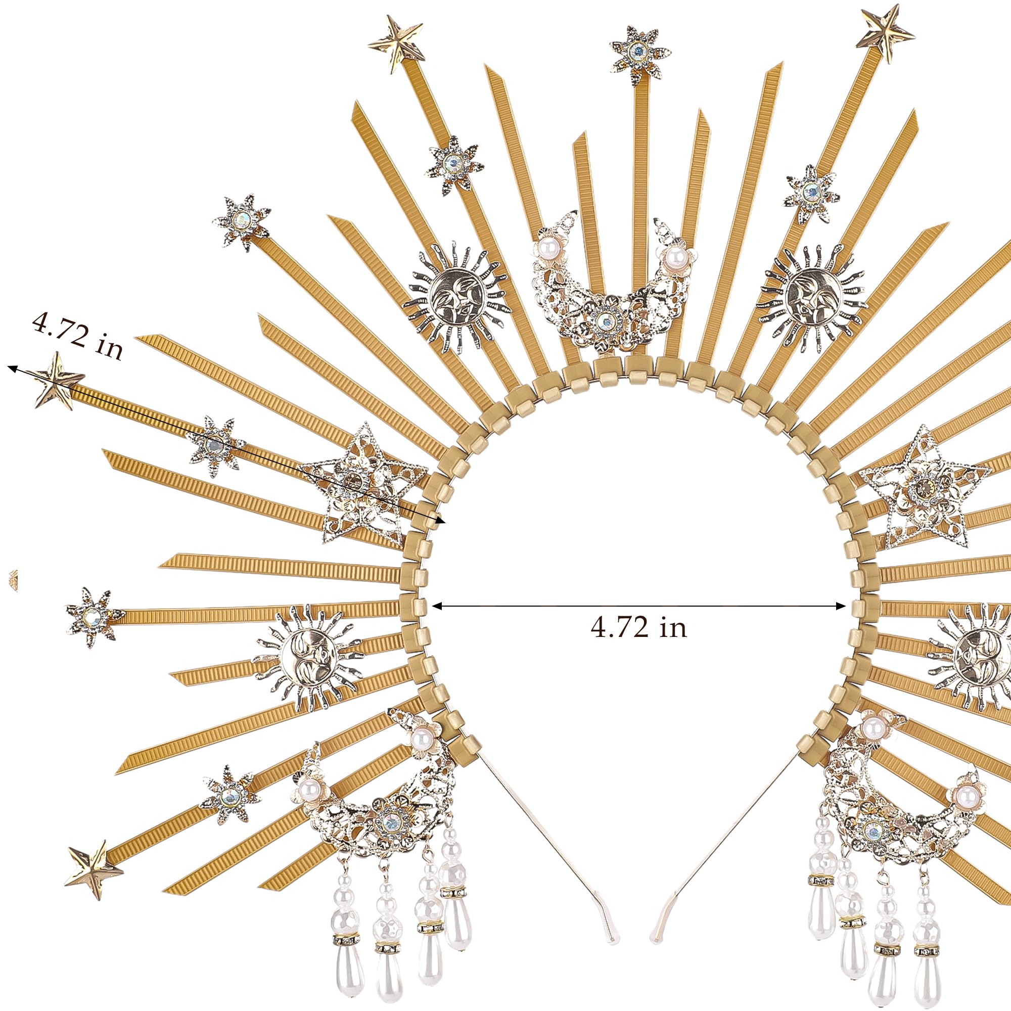 PartyforU Sun Goddess Halo Headband - Sunburst Halo Crown with Star and Moon for Women Cosplay Renaissance Accessories - Image 4