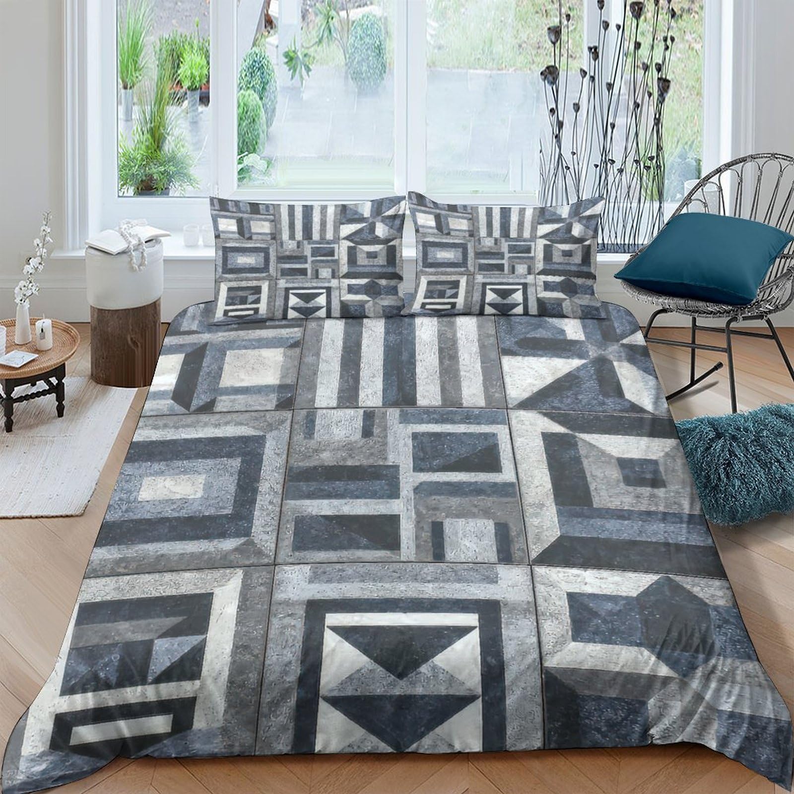 Ctjqhvkz Style-5 3D Printed Geometric Patchwork Fitted Sheet Microfiber Soft Grey Abstract Mattress Cover For Bedroom Guest Room Decor Single（135X200cm）