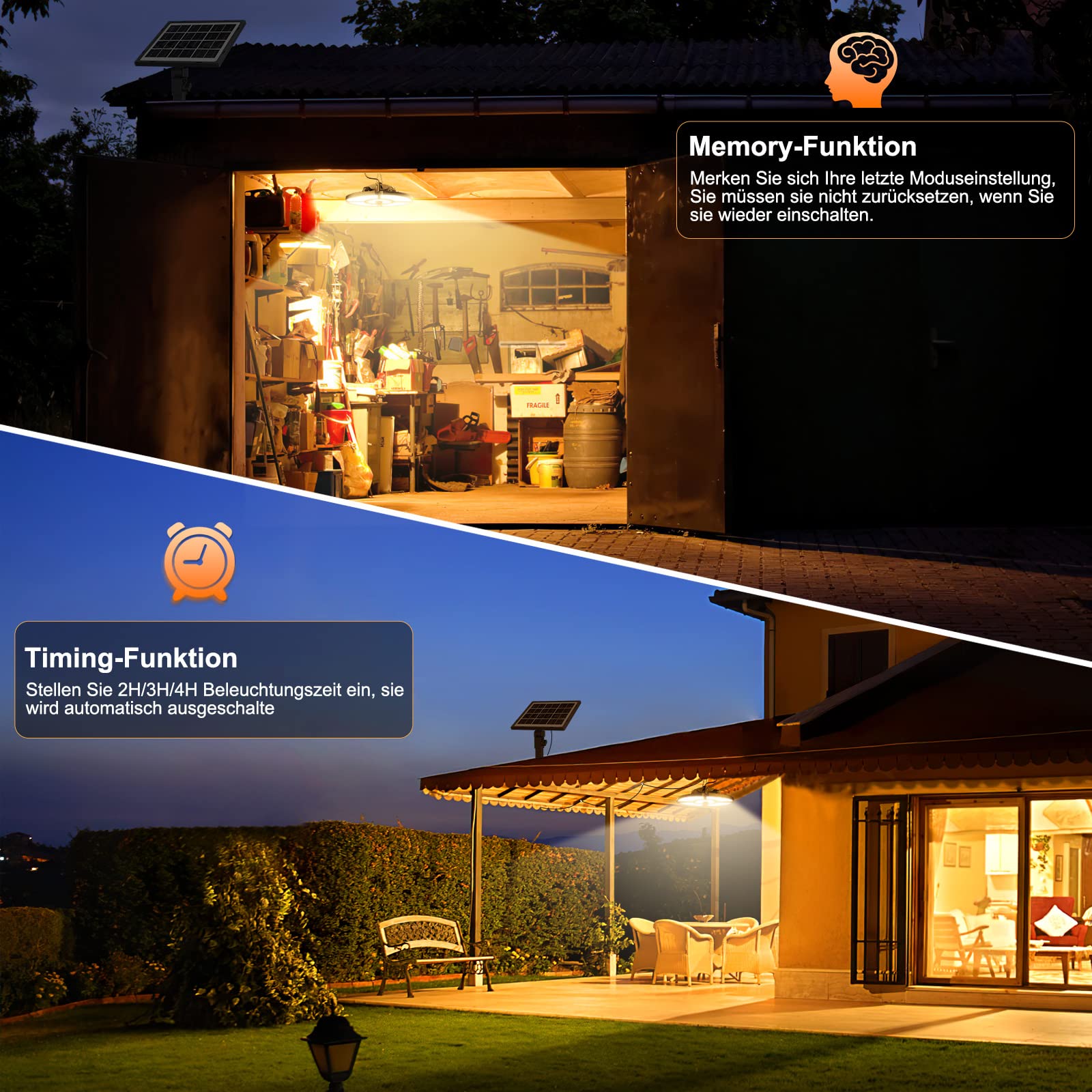 MEIKEE Solarlampen für Außen Innen Solar Hängelampen mit Bewegungsmelder | 76 LED Superhell 5 Modi 2500-6500K 270° Abstrahlwinkel Solar- und USB-Laden Solarleuchten für Pavillons, Garage, Lagerräume