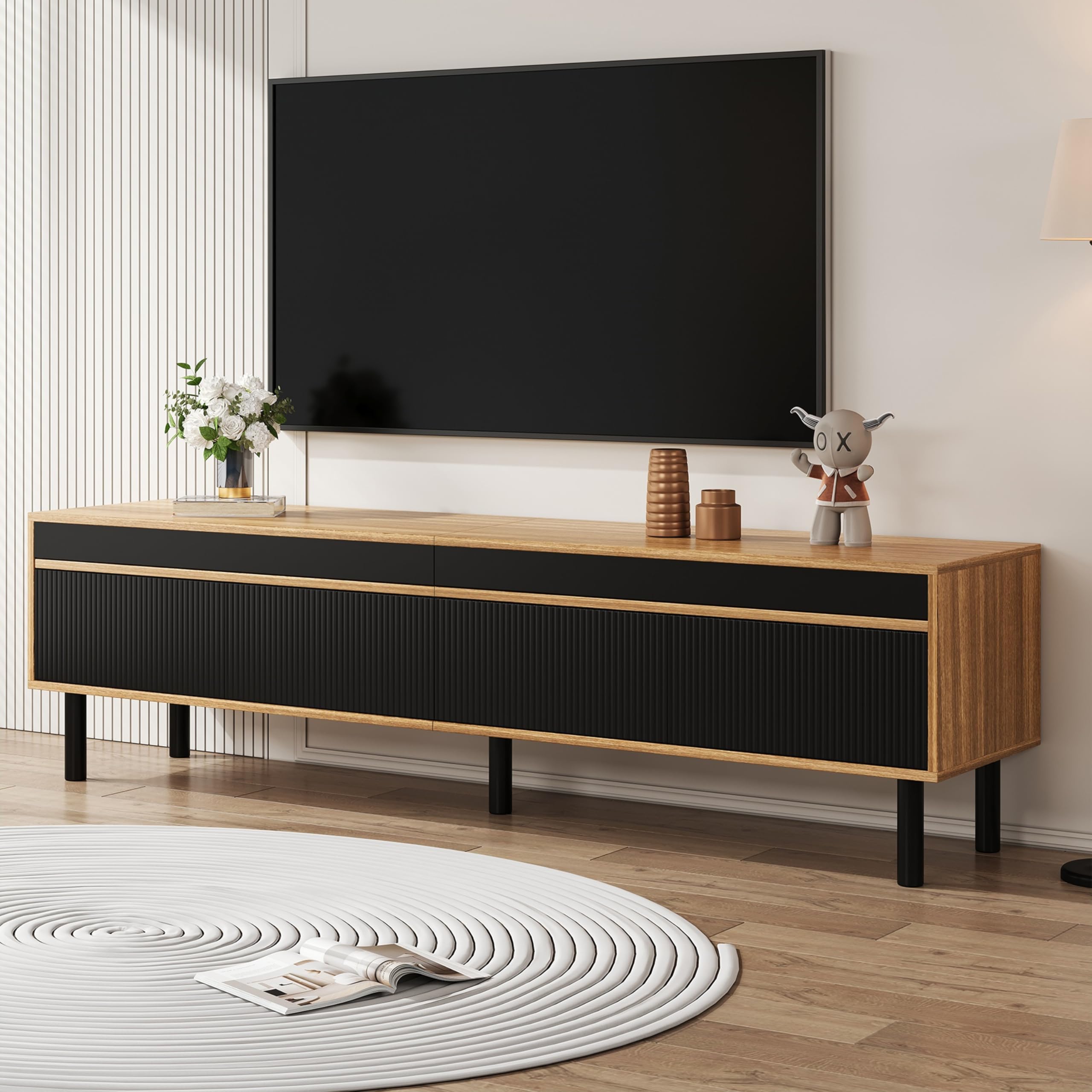 BTM Mobiletto TV Moderno con 4 Ante, Mobile Porta TV con Spazio di Archiviazione Mobile Soggiorno, Nero + Legno 170 cm x 38cm