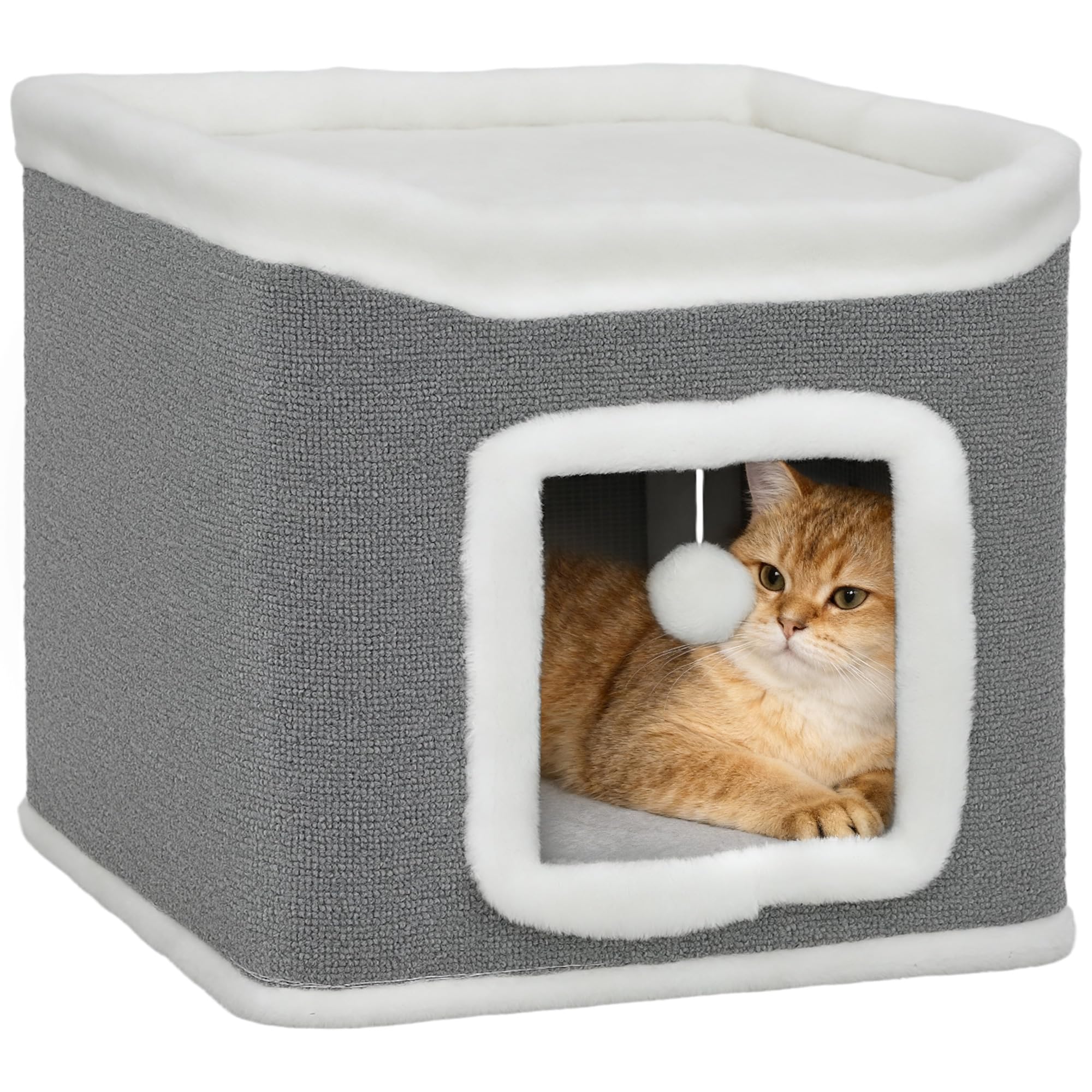 PawHut Cat House for Indoor Kittens, 2-Level Cat Cave Bed with Fluffy Balls, Flush Top Bed, Kitten Barrel for Multi Kitties, Grey
