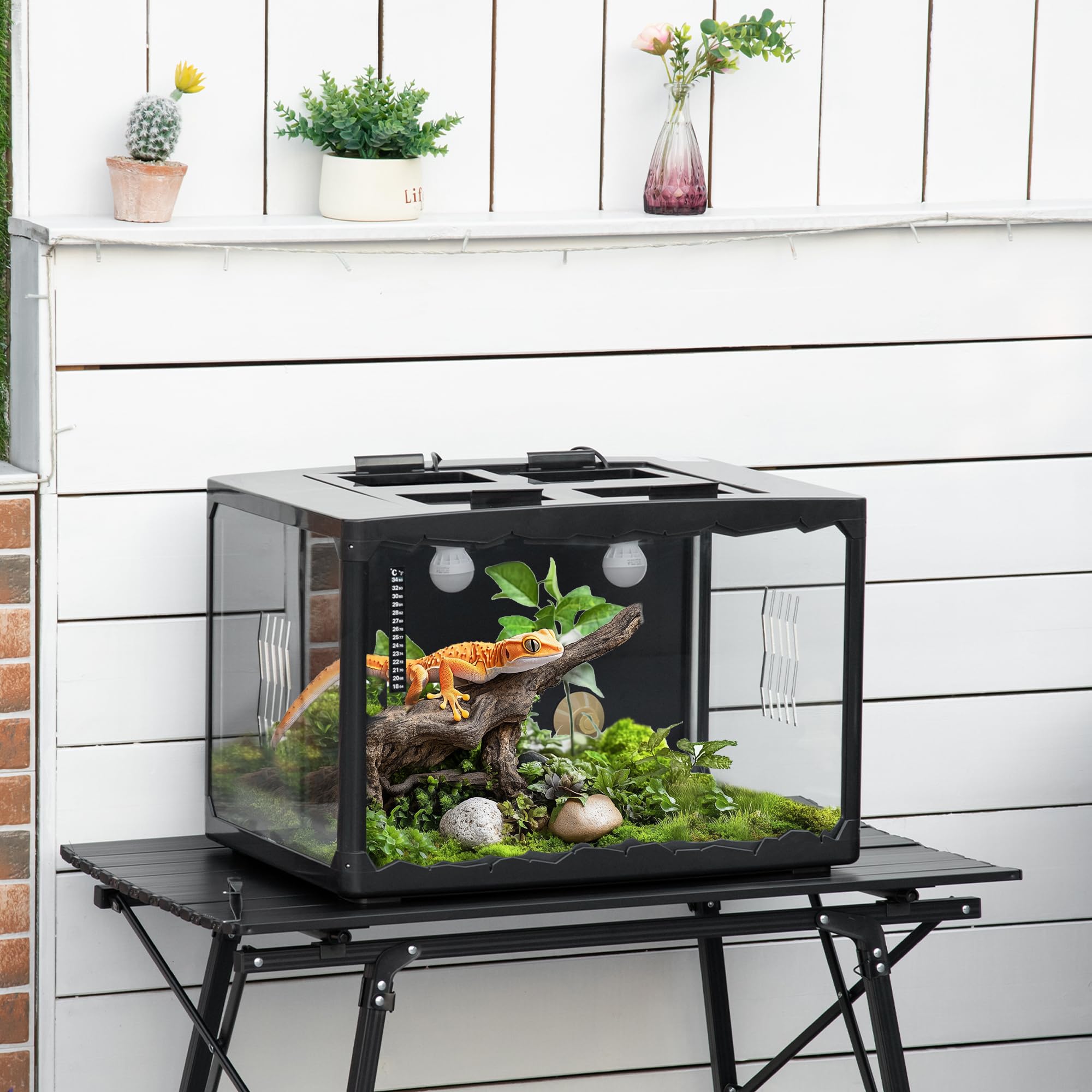 PawHut Terrarium für Landschildkröten, Chamäleon, Leguan, Gecko und Reptilien mit Thermometer 18-34℃, 60x40x40,5cm, Schwarz