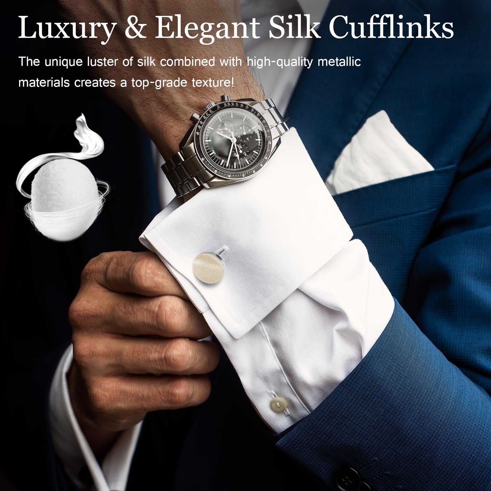 MANSPHIL Champagne Silk Cuff Links for Men, Tuxedo Cufflinks for Grooms Wedding Business, 0.7