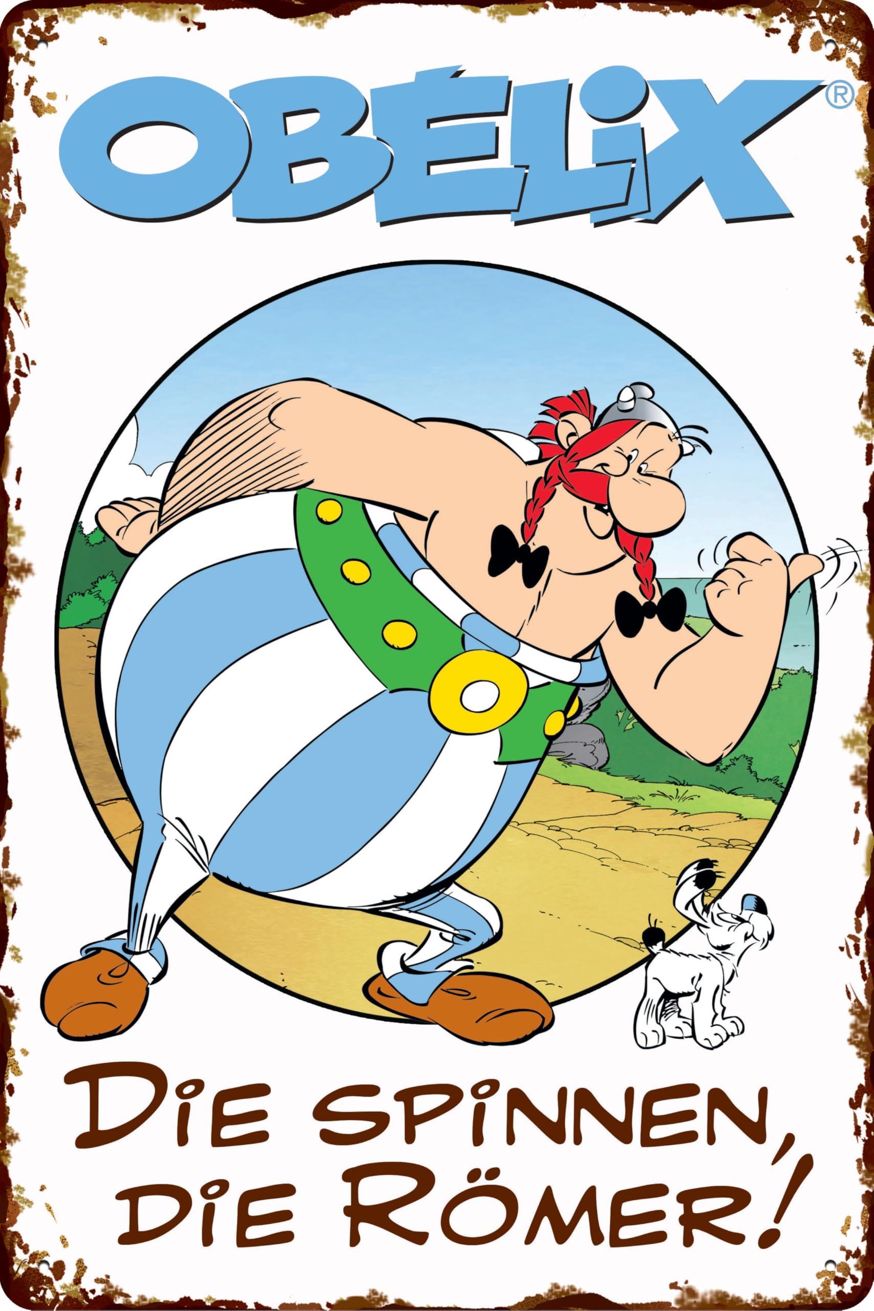 LUCKYLINDE - Retro Blechschild, ASTERIX und OBELIX, französiche kult Comic Serie, Deko Schild, 14 x 20 cm (Obelix & Idefix, Die spinnen die Römer)