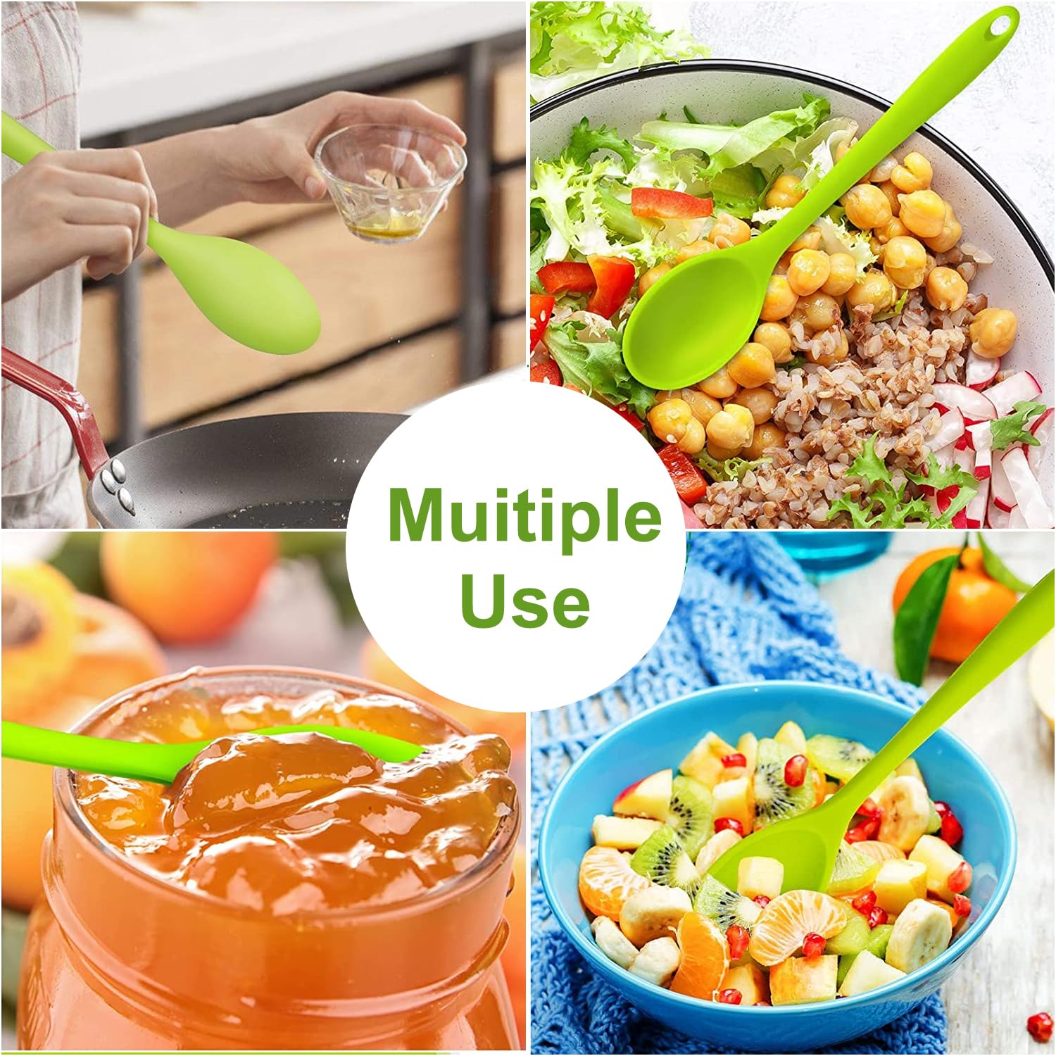 Lot De 4 Cuillères De Cuisine En Silicone - Longueur 21 Cm, Antiadhésives, Colorées, Pour Cuisiner, Mélanger Et Remuer