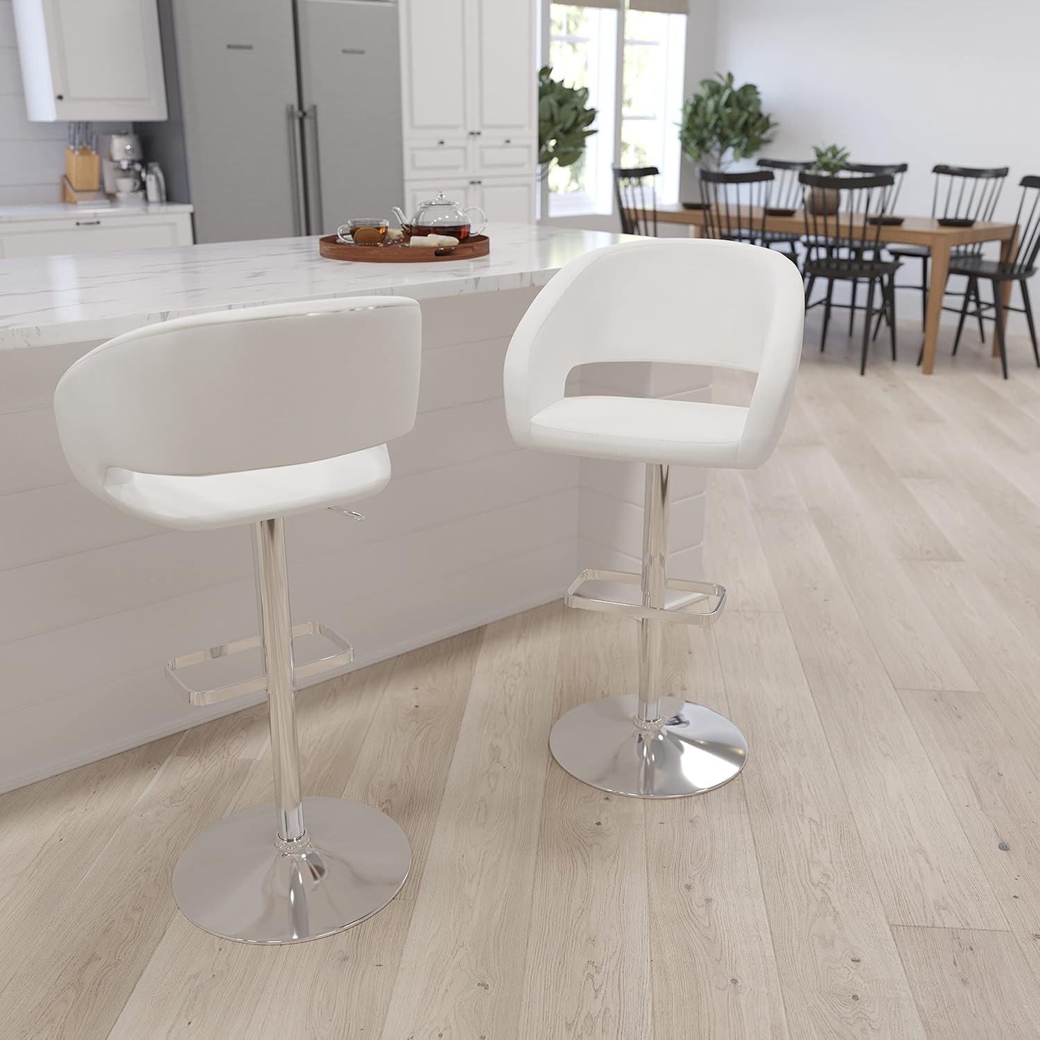 Merrick Lane Rothko Bar Stool - Mid Century Modern Stool - Rounded Mid-Back Bar Stool - White Vinyl Upholstery - Adjustable Height - 360° Swivel