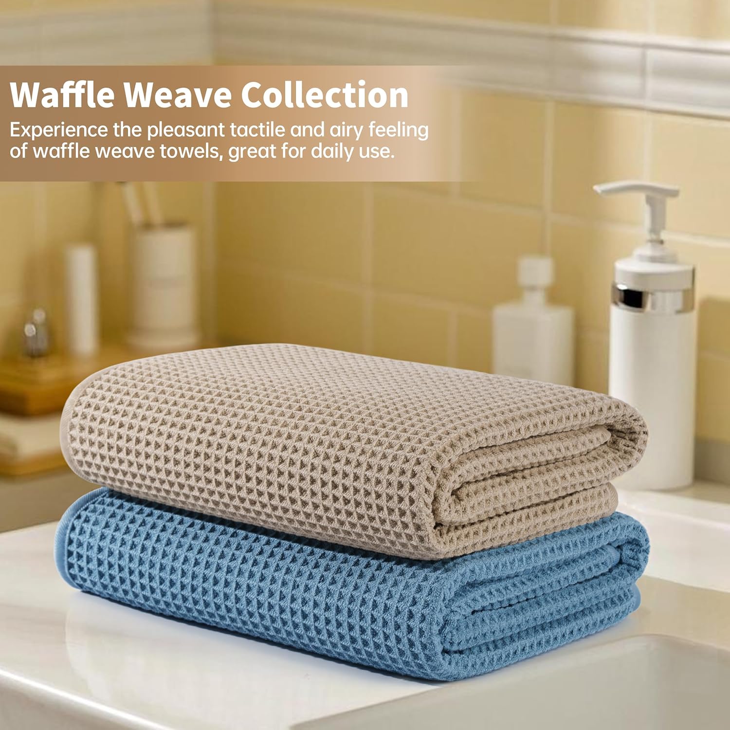 MICROFI New Microfiber Waffle Bath Towels, 2 Pieces, Soft, Absorbent, Fast Drying, Lint Free 430 GSM (Beige+Blue)