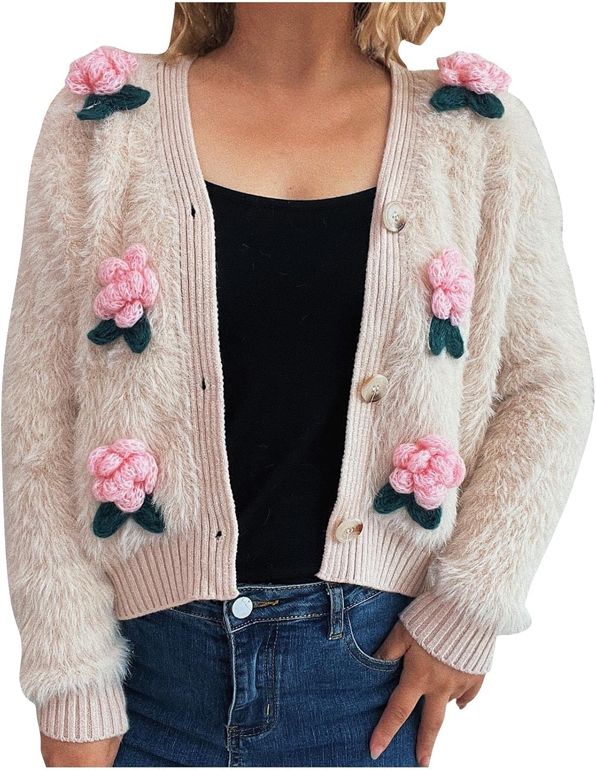 Cropped Cardigan Sweaters for Women Fluffy Fuzzy Plush Crop Jacket Coats Evening Party Y2k 3D Flower Knit Cardigan