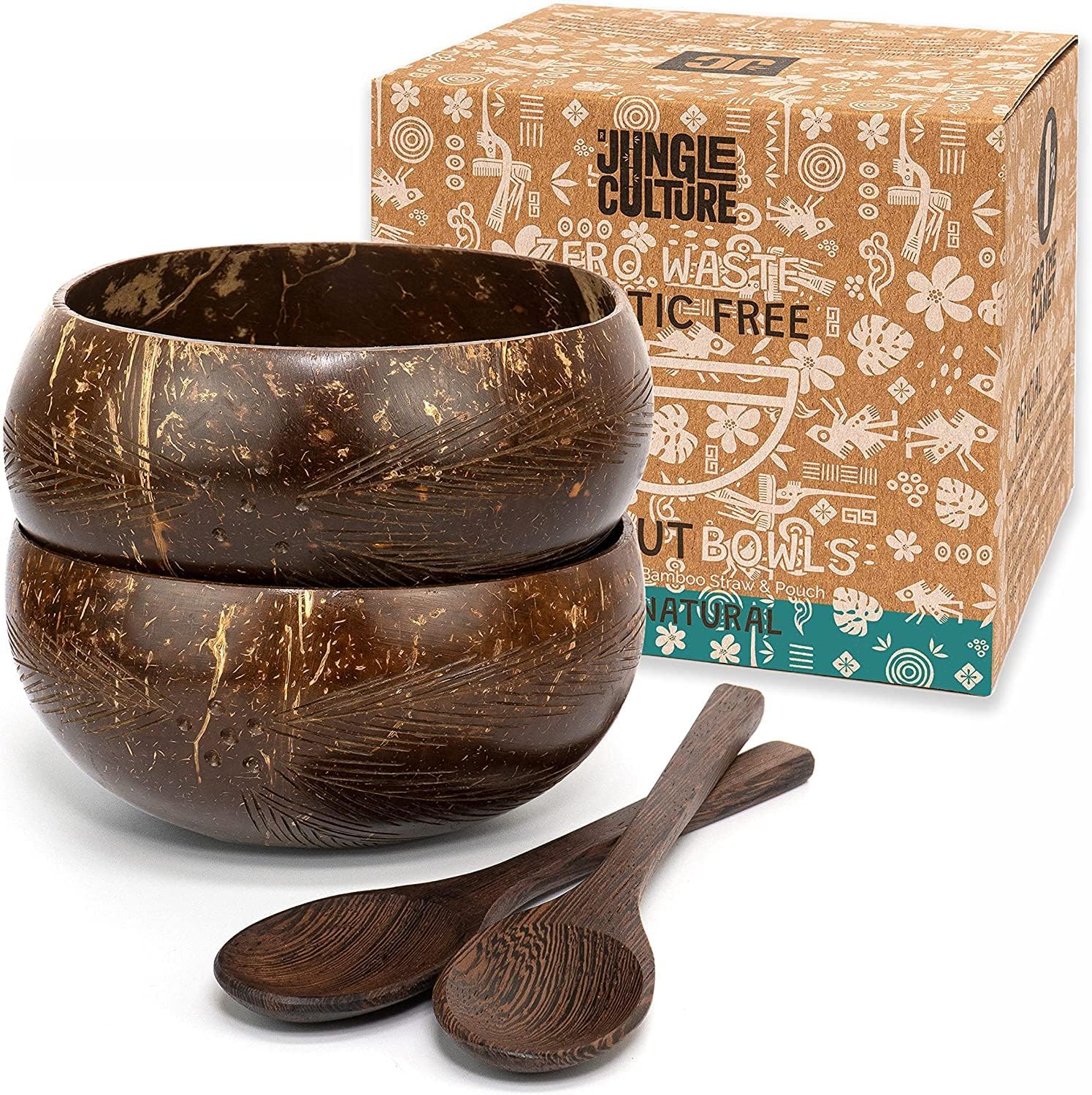 Jungle CulturePatterned Coconut Bowl and Wooden Spoons Set • 2 Natural Coconuts Bowls & Bamboo Straws • Coconut Shell Acai, Smoothie & Buddha Bowls • Vegan Gifts