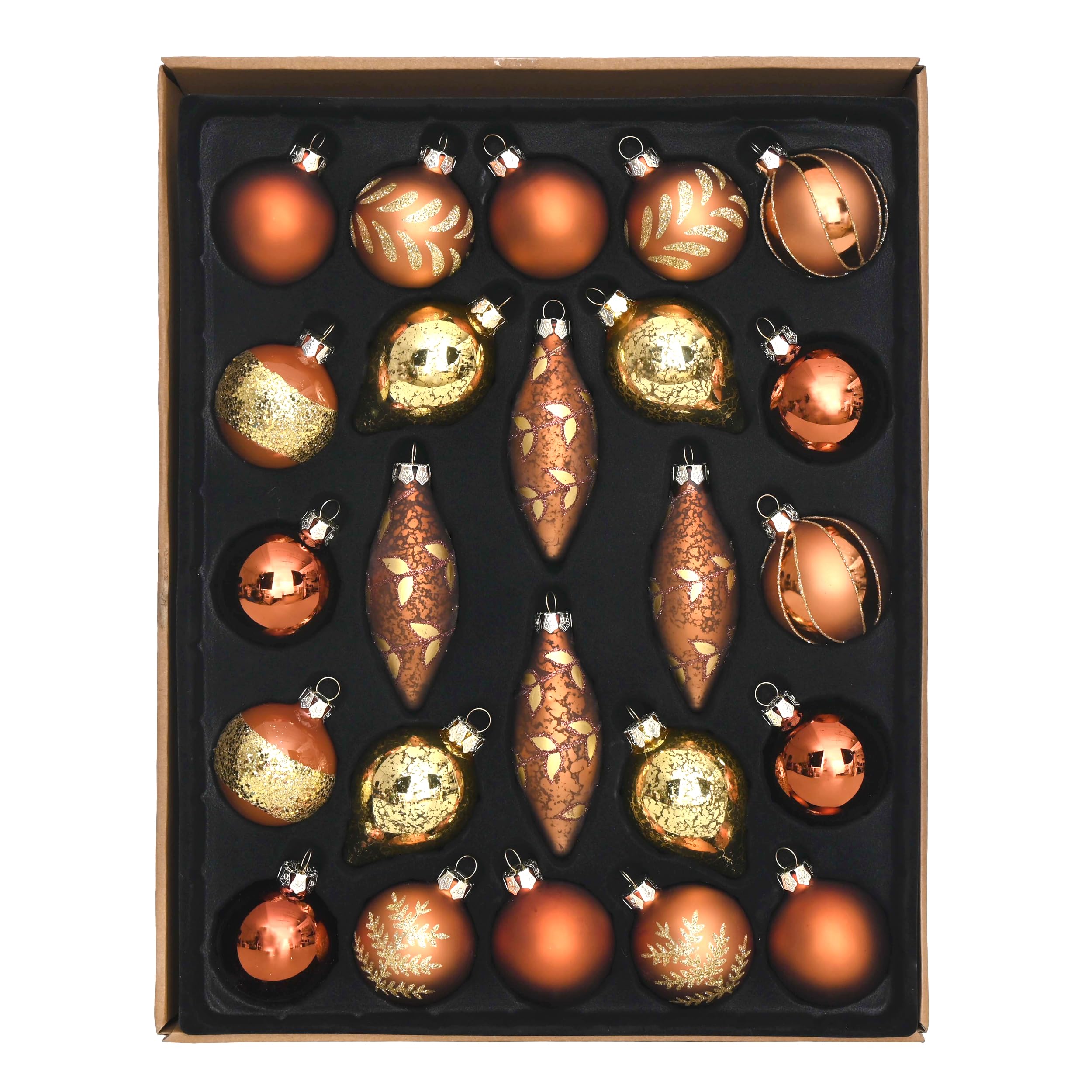 VALERY MADELYN 24 Piezas Bolas de Navidad de Cristal, 6-10.5cm Bolas de Árbol con Percha Decoración de Navidad Bosque Cobre Marrón