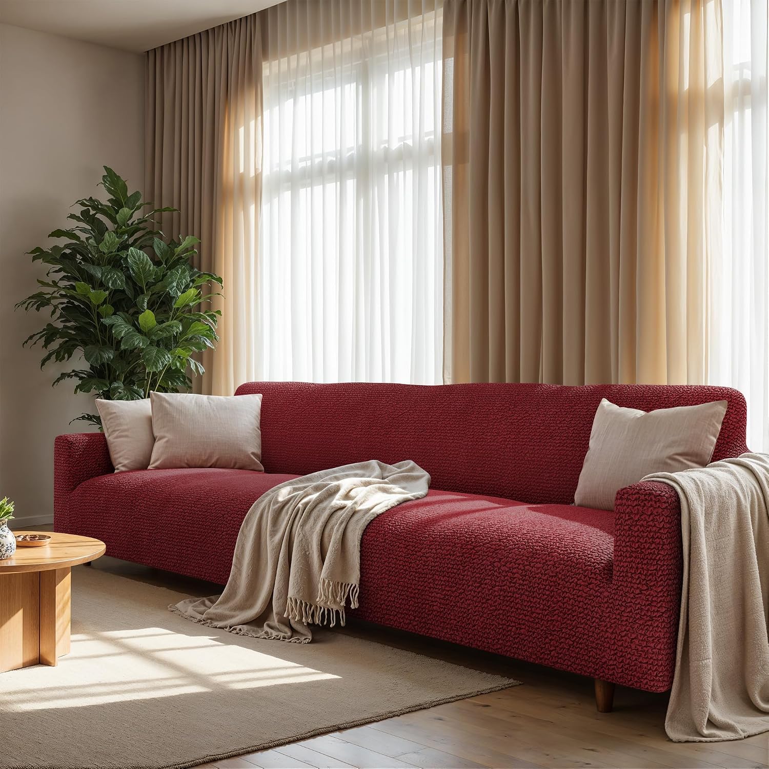 Premium Stretch Couch Covers for Sofa - Sofa Chair Cover Washable, Dogs & Pets Friendly - Elastic Polyester Loveseat Slipcovers - Non-Slip Love Seat Couch Covers - Burgundy (86"-120" Wide)