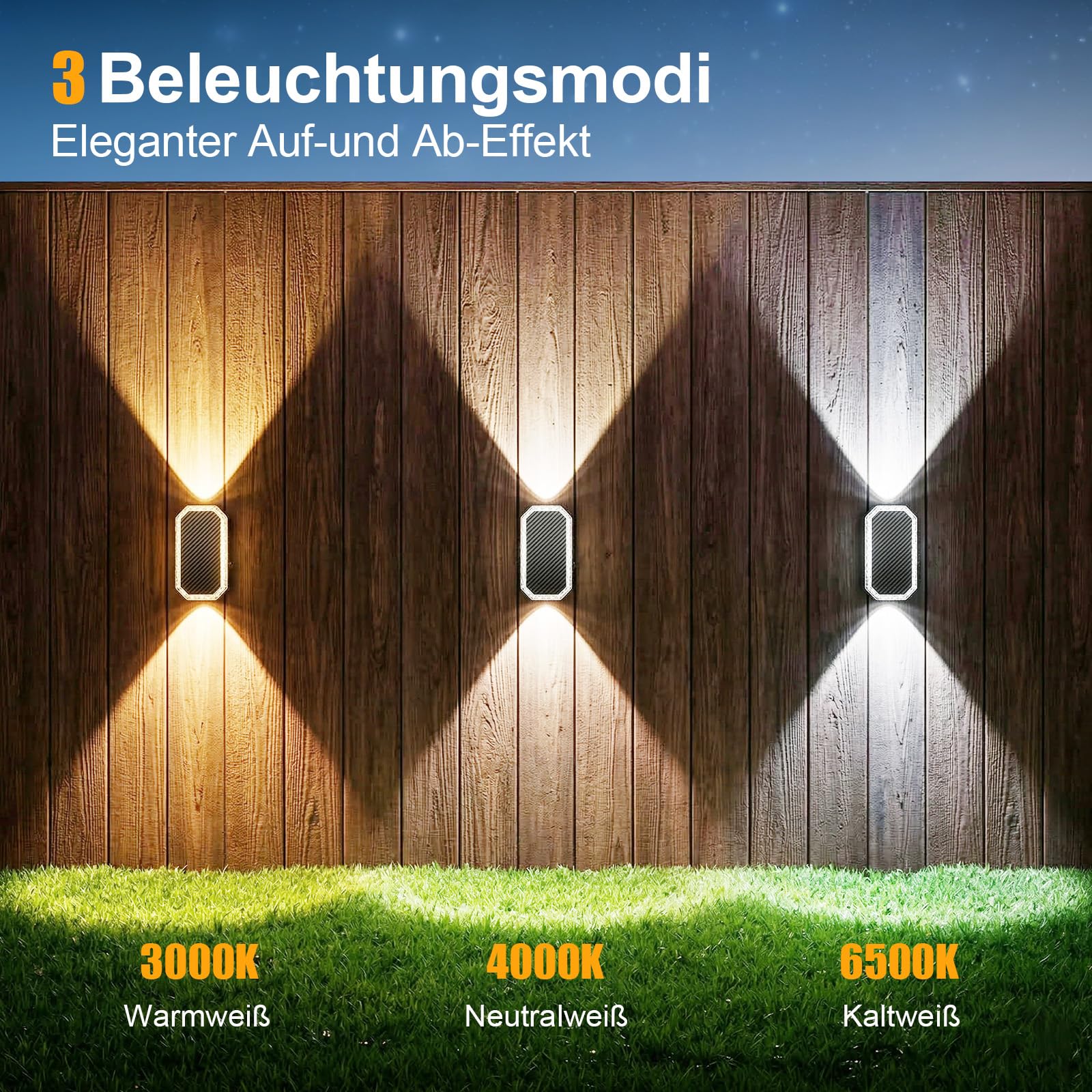 Solarlampen für Außen, Solar Wandleuchte Aussen Up and Down, Solarleuchten für Außen Wand Zaun Garten Winterfest IP65 Wasserdicht, 3 Lichtfarben Warmweiß Kaltweiß, 3000K/4000K/6500K, 4 Stück