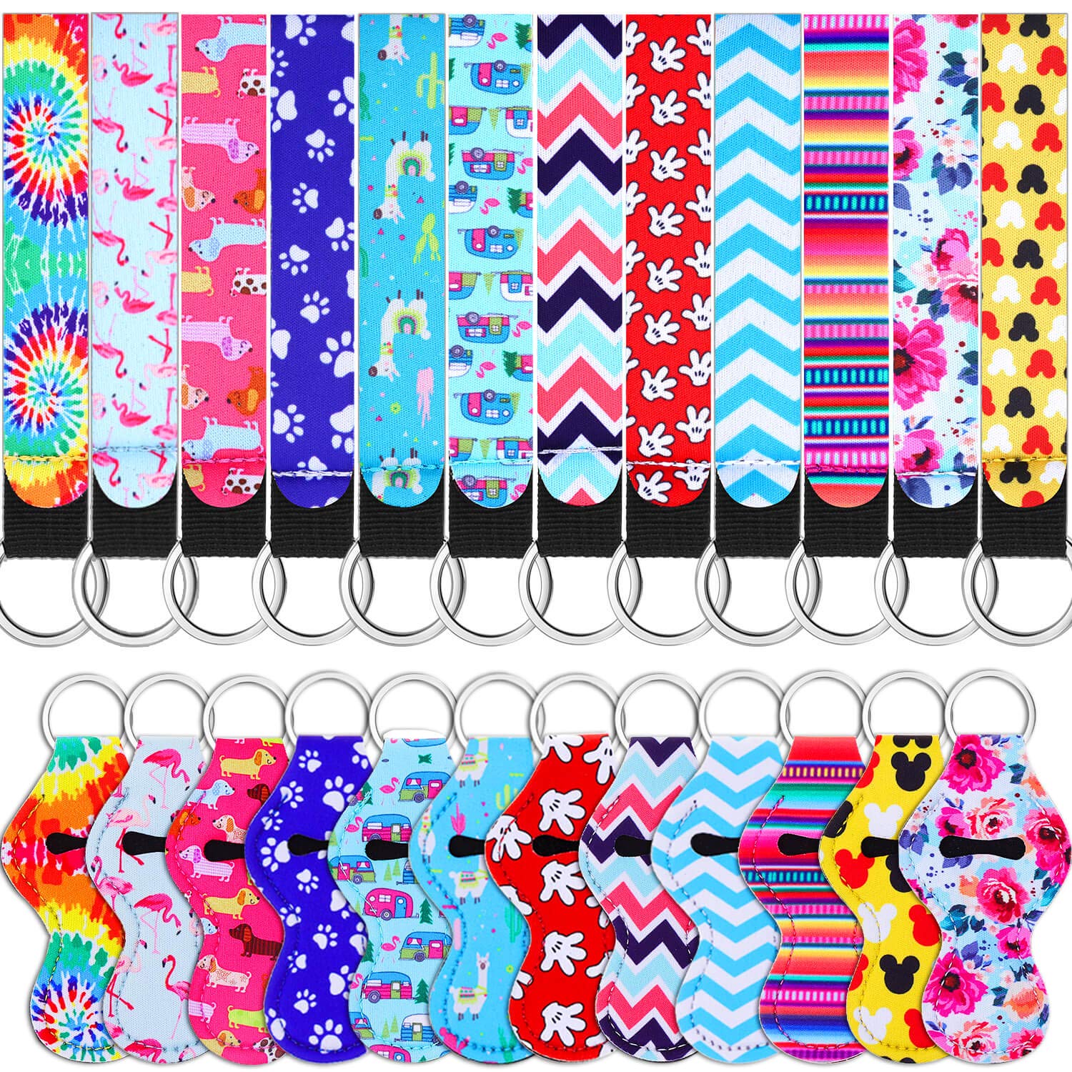 Shynek 24PCs Chapstick Holder Keychain with Wristlet Including 12PCs Lipstick Holder Keychain and 12PCs Neoprene Wristlet Keychain Lanyards, Portable Balm Holders Pouch for Girls Women