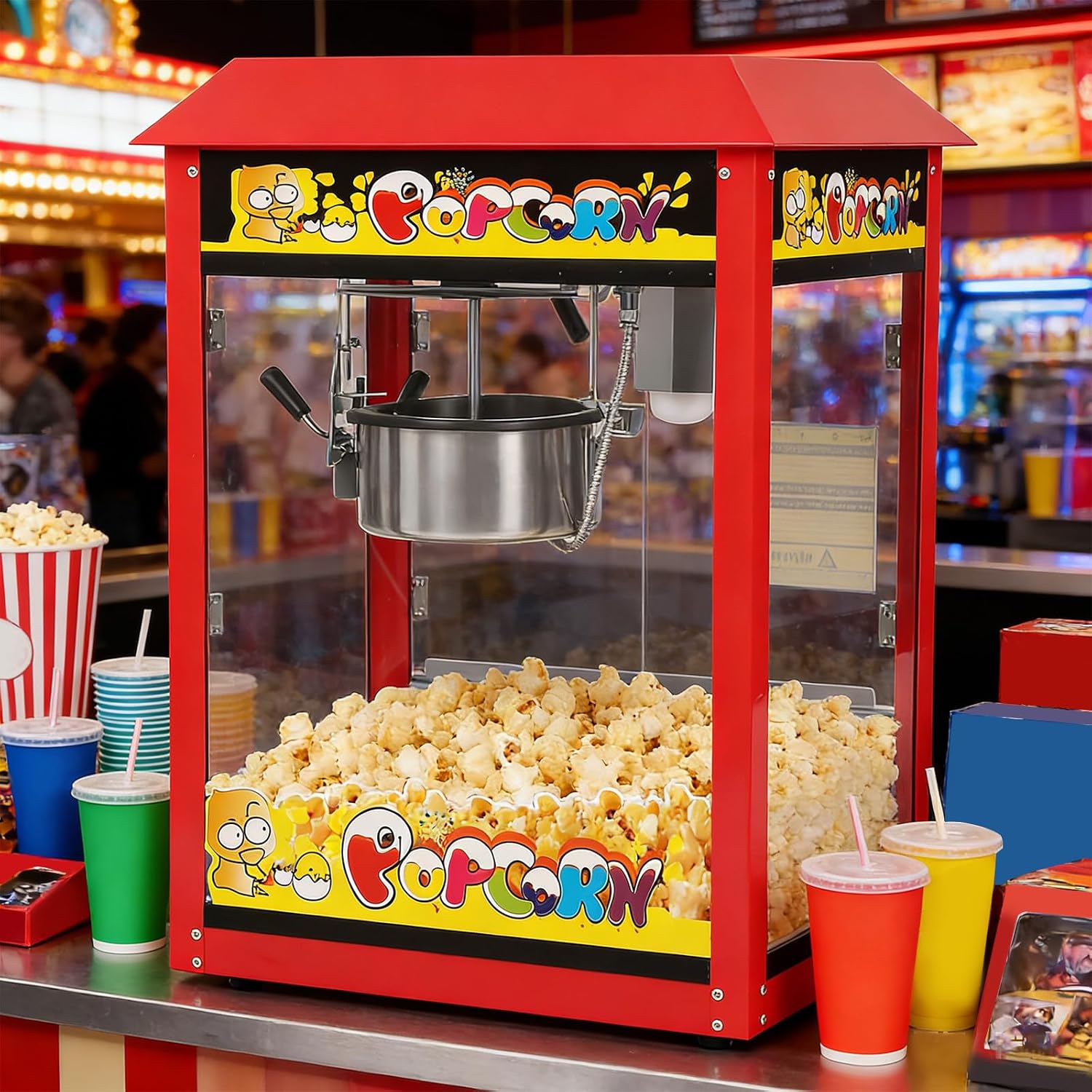 COHEALI Popcorn Machine Electric - 8oz Aluminum Commercial Popcorn Maker with Non-stick Pot, Automatic Stirrer for Home Theater And Party Use, Red, Us Plug