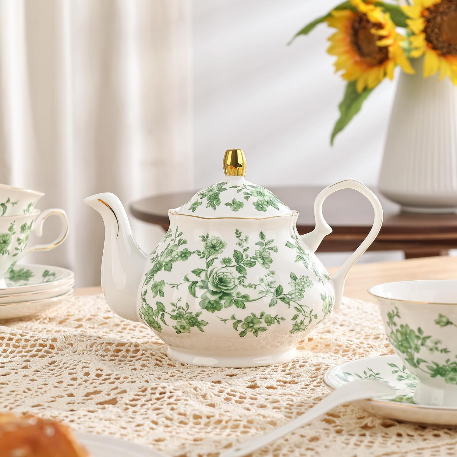 fanquare 21-Piece Green Vine Floral Porcelain British Tea Set