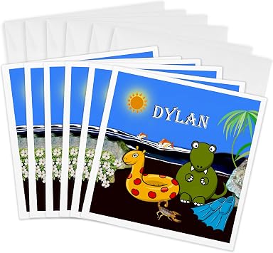 3dRose Greeting Cards - Dylan - Tyrannosaurus Rex at the Beach - 6 Pack - Male Child Name Design