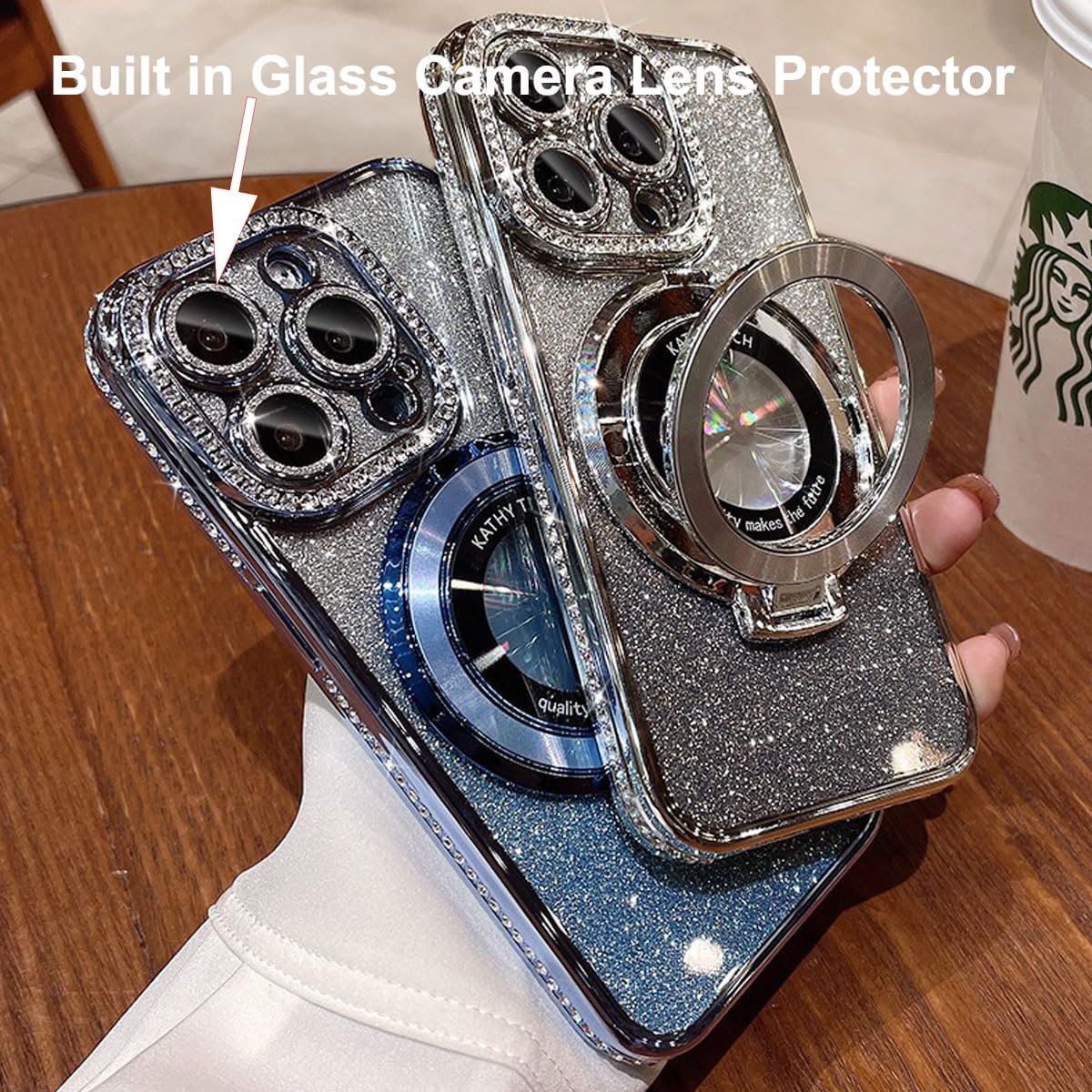 Magnetic Kickstand Glitter Case for iPhone 15 Pro Max, [Compatible with Magsafe] Luxury Bling Sparkly Diamond Rhinestones with Camera Protector Women Girls Case for iPhone 15 Pro Max (Silver) - Image 3