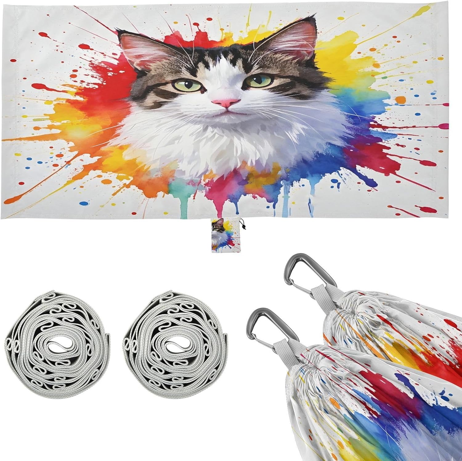 ALAZA Colorful Watercolor Cat Camping Hammocks Single or 2 Person 500 lbs Portable Parachute Travel Hammock w/Tree Straps for Hiking Backpacking Indoor Outdoor