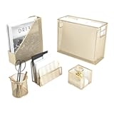 Gold Desk Accessories Set – 5-Piece Office Organizer with Hanging File Holder, File Organizer & Boho Desk Décor for Women