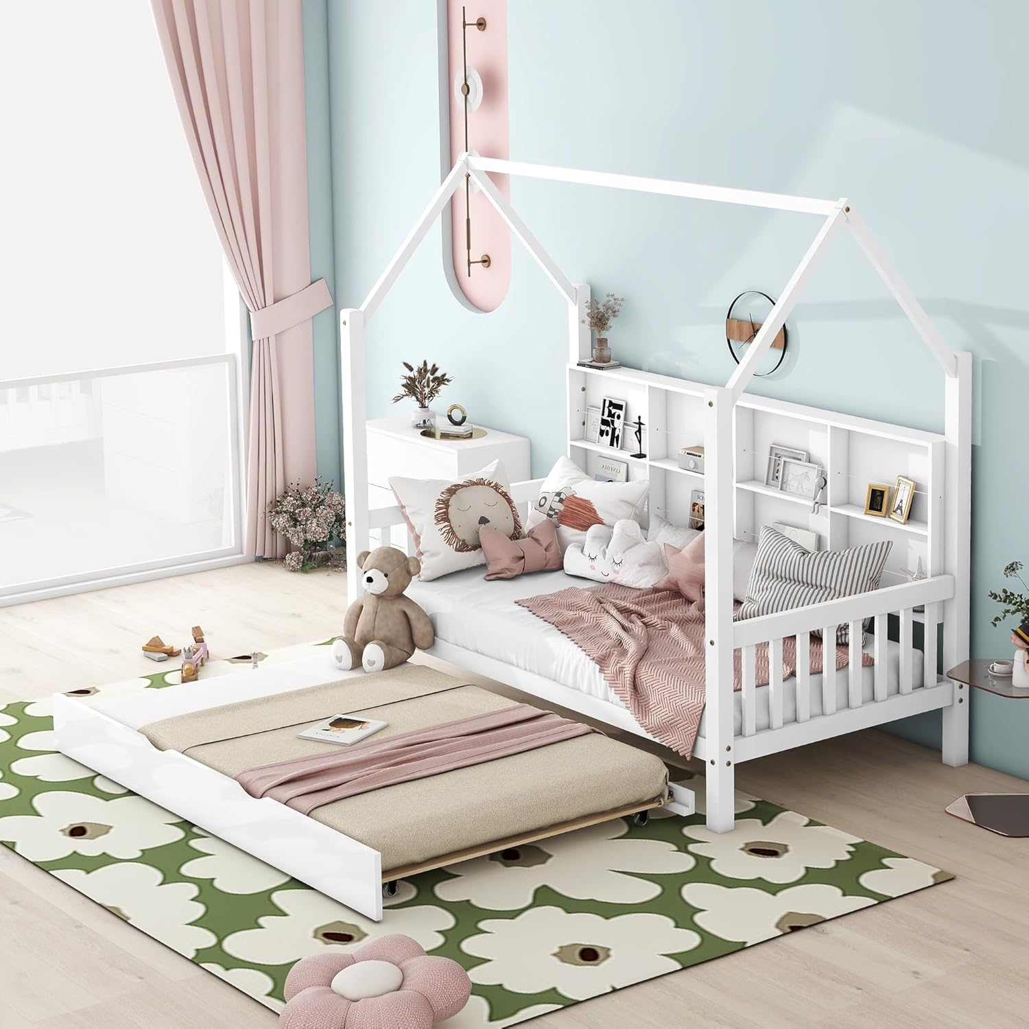 Bellemave Twin Size House Beds with Trundle and Storage Shelves, Wood Kids House Bed, Kids Montessori Playhouse Bed for Girls Boys Teens, White