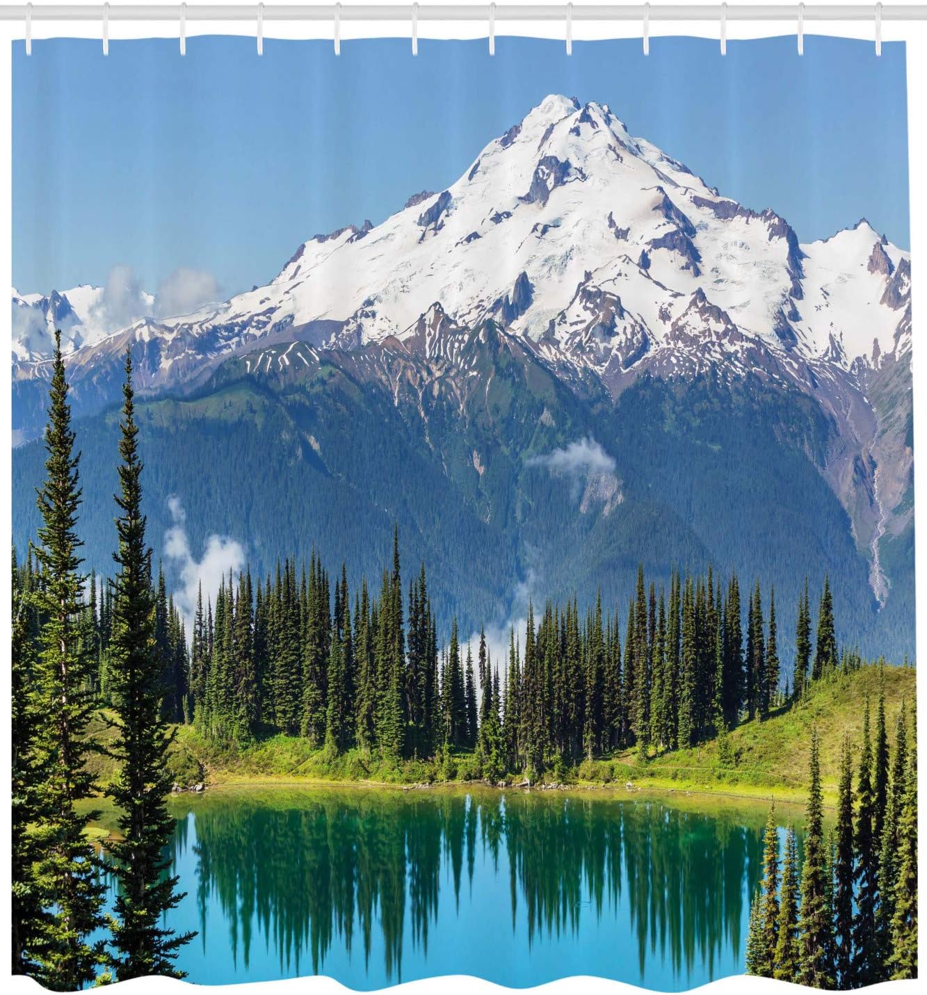 Ambesonne Nature Shower Curtain, Idyllic Crystal Lake Surrounded by Pine Trees and Snowy Mountain Landscape, Cloth Fabric Bathroom Decor Set with Hooks, 69" W x 84" L, Blue Green