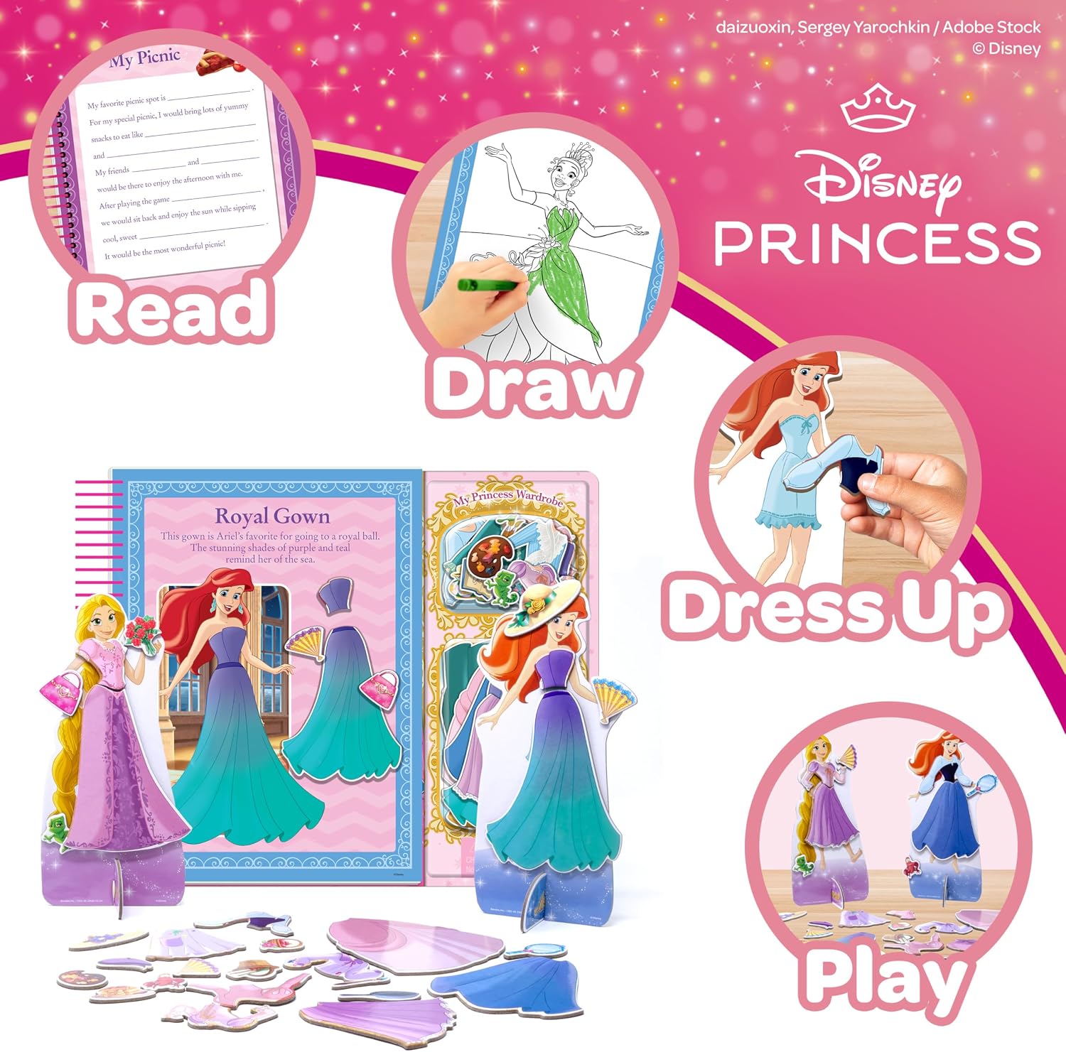Disney Princess Ariel and Rapunzel Storybook Dress-Up Activity Set - Magnetic Dress-Up Dolls with 28 Pieces, 2 Freestanding Figures, Girls Gift Ages 3+