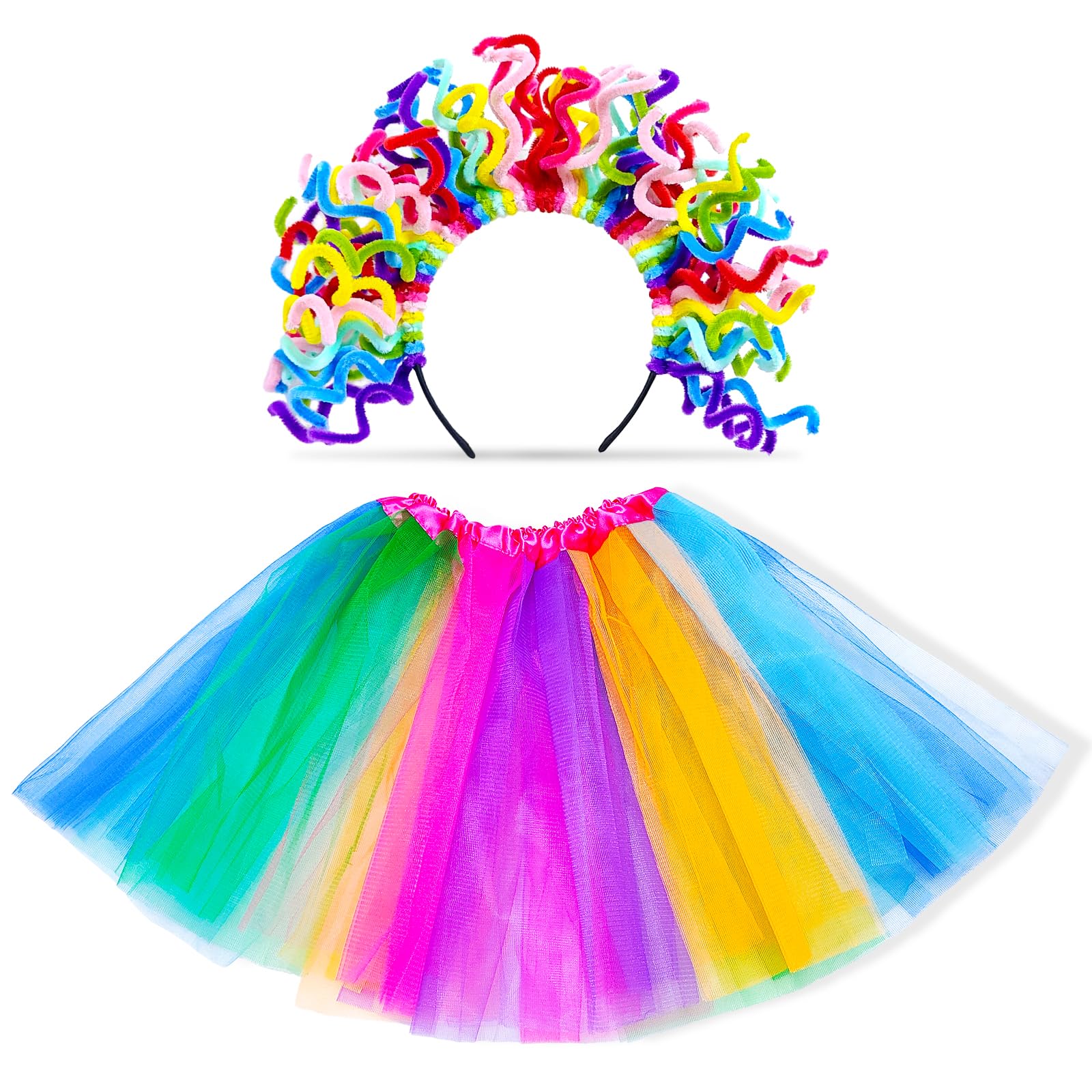 Dumeher Konfetti Kostüm Damen Karneval Regenbogen Accessoires Damen Kit Karnevalskostüm enthalten Konfetti Haarreif mit Spiralen und Kunterbunter Tütü für Halloween Fasching Karneval Cosplay Party