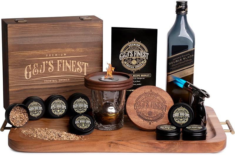Mahogany Whiskey Smoker Kit with Quad Torch & Wood Box for Smoked Old Fashioned, Bourbon & Cocktail Drinks – 6 Chips, & Gift Set Infuser for Men, Husband, Boyfriend by G&J's Finest