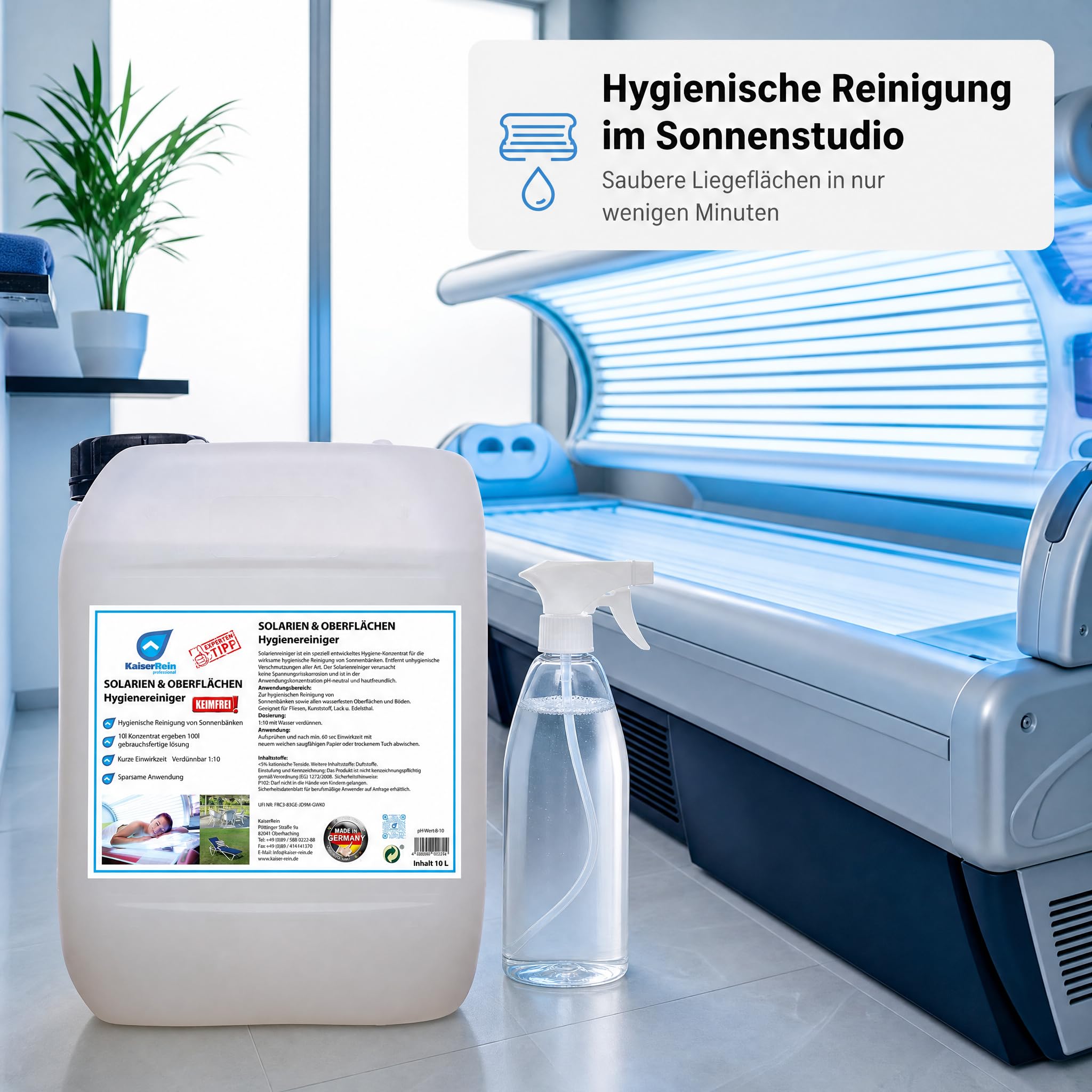 KaiserRein Oberflächenreiniger für Solarium & Sonnenbank, Hygienereiniger Konzentrat 10 L Kanister, pH-neutral & hautfreundlich, schonend zu Kunststoff, für Fliesen, Lack & Edelstahl, frischer Duft