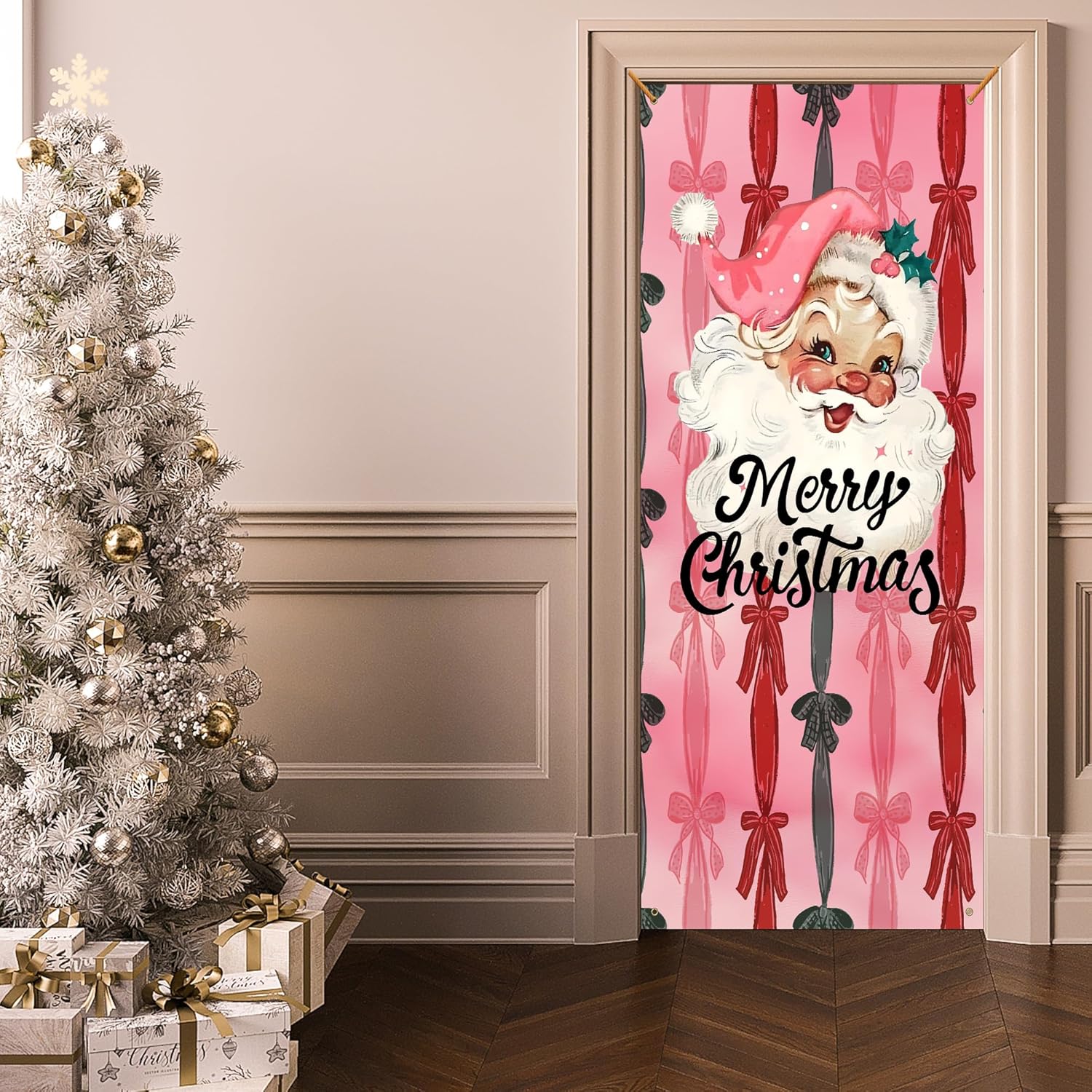 Pink Christmas Santa Door Cover, Preppy Xmas Ribbon Bow Decoration Doorway Door Curtains Banners Backdrop Background Decor for Indoor Outdoor, Christmas Party Decorations, 35 * 79 Inch - Image 2