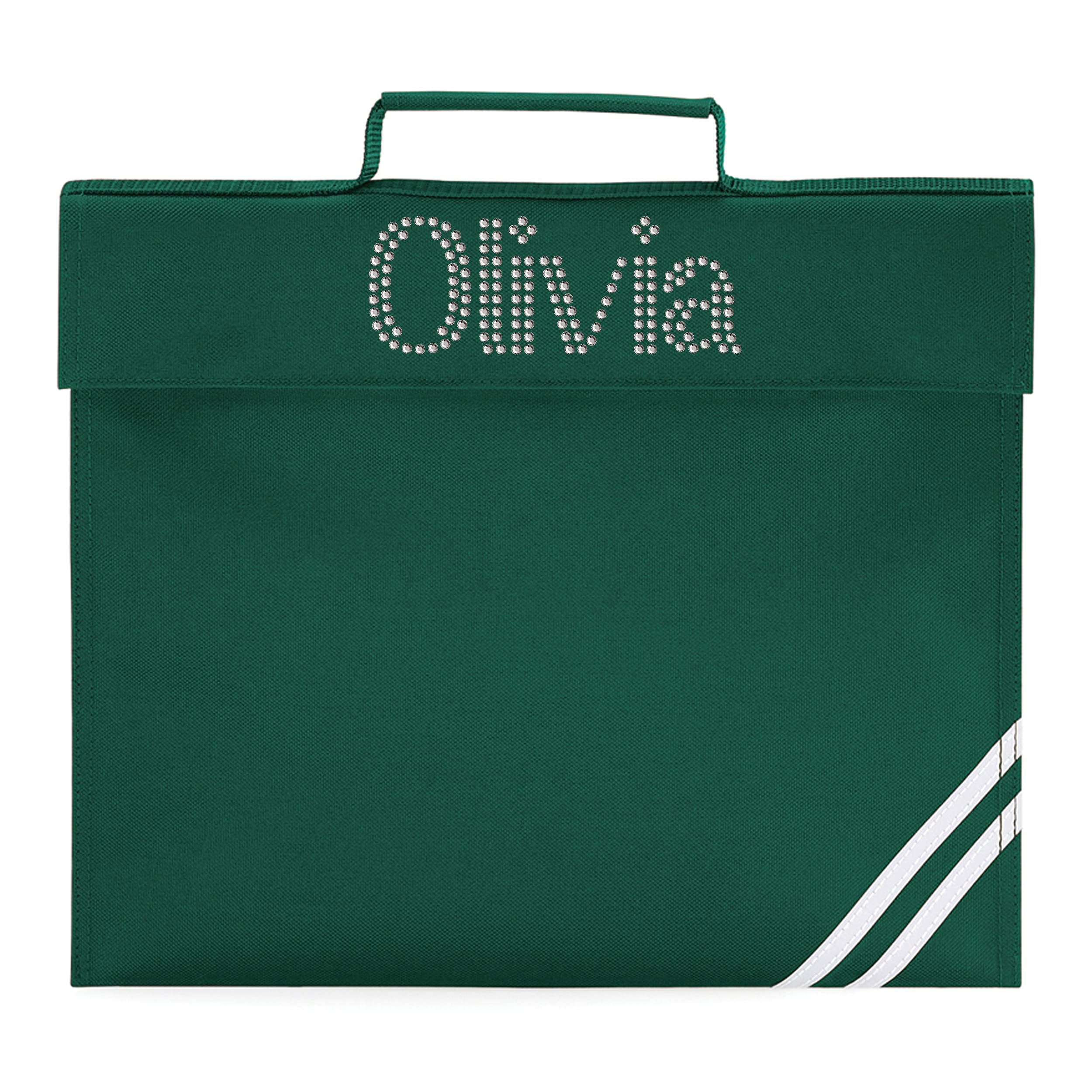 Varsany Personalised Children’s Book Bag Girls Boys, School Bag, Organiser Back, Perfect for Back to Kids School or PE, Gifts and Travel (Green/Rhinestone)
