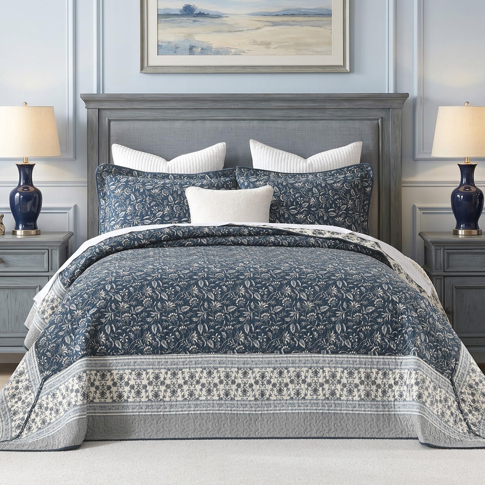 FineStichery 100% Cotton Oversized Quilt 128"x120", Extra Large Cal King Bedspread, Farmhouse Floral Botanical Bed Spreads Coverlet, Lightweight Quilted Bedding Cover, 3 Piece, Dark Navy/Cream