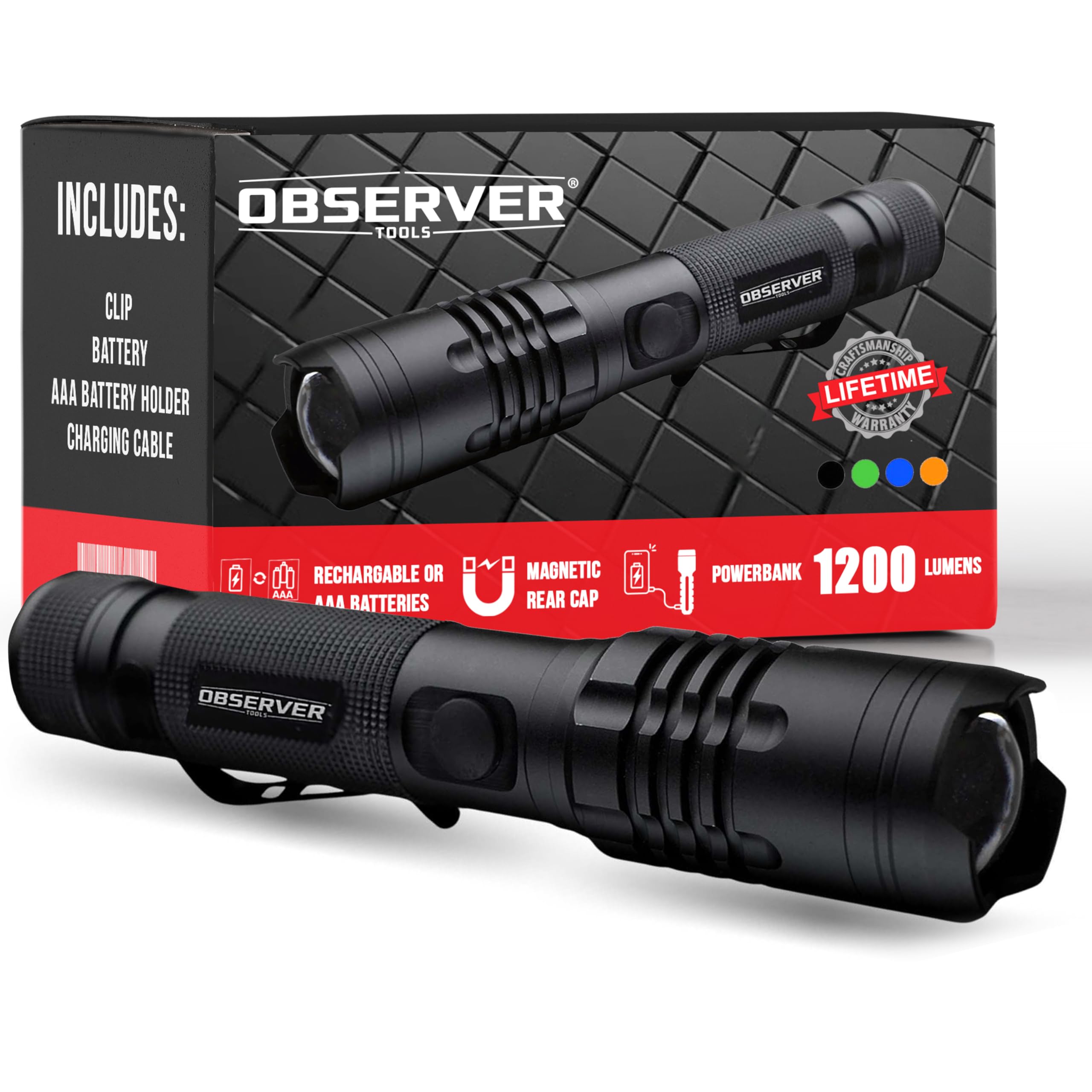 Observer Tools LED Rechargeable Flashlight, 1200 Lumens Tactical Flashlight, high Power Survival Flashlight with Back-up Power, Magnet, Zoom,