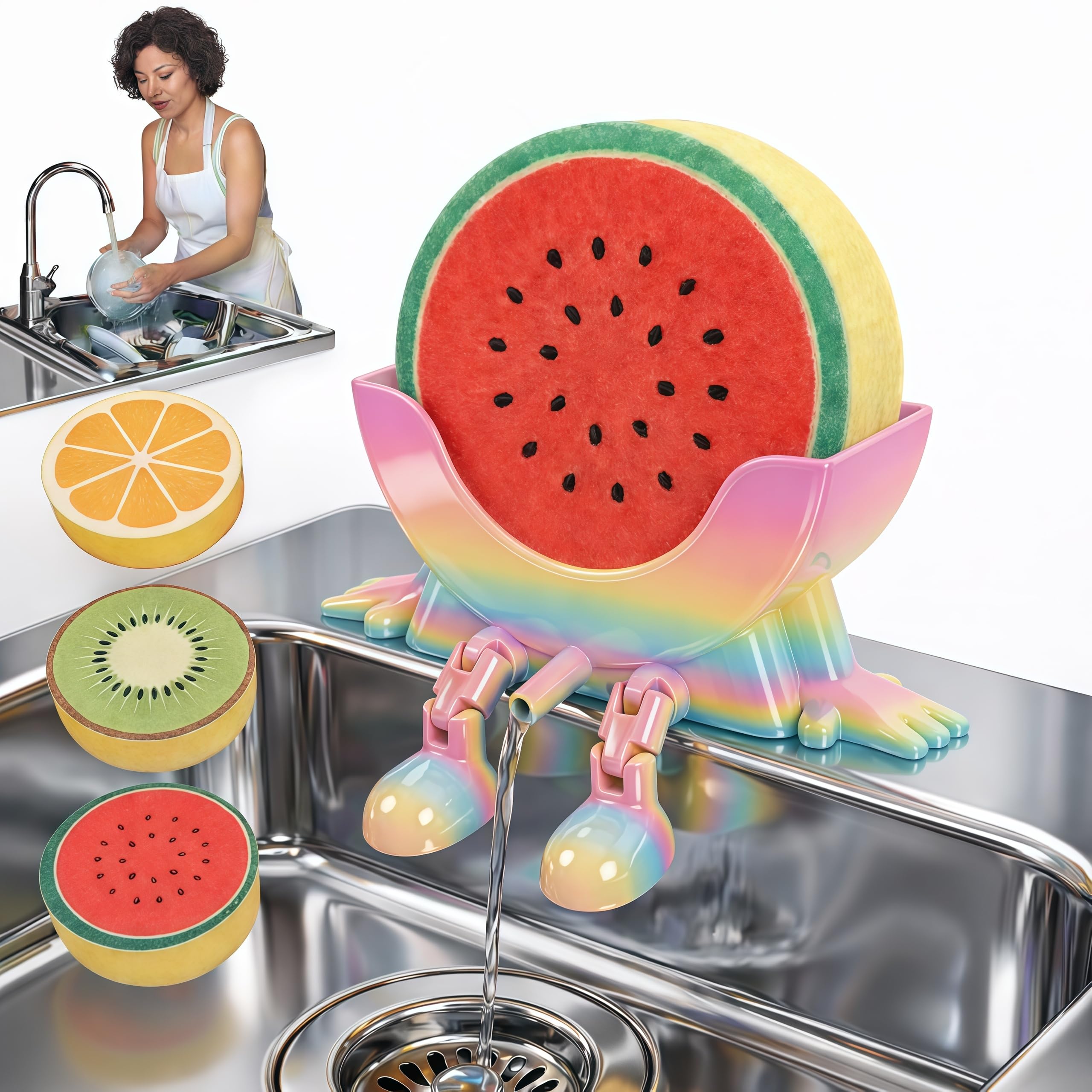Funny Peeing Sponge Holder with 3 Cute Fruit Sponges (Watermelon, Orange, Kiwi), 3D Printed Sink Caddy Rack with Drainage, Scrub Sponge Stand & Kitchen Countertop Organizer, Gag Gift for Home (Crayon)