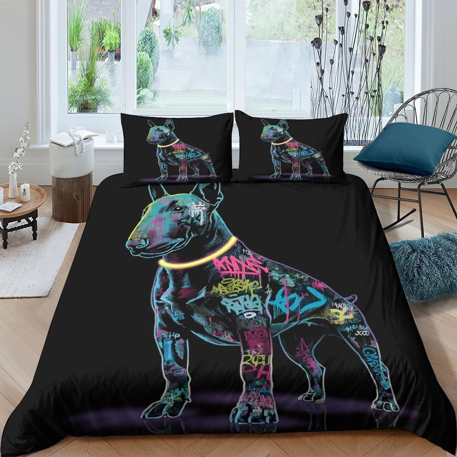 Ctjqhvkz Style-7 3D Printed Graffiti Bull Terrier Fitted Sheet Microfiber Black Bed Cover Anti-Slip Machine Washable For Bedroom Guestroom Single（135X200cm）