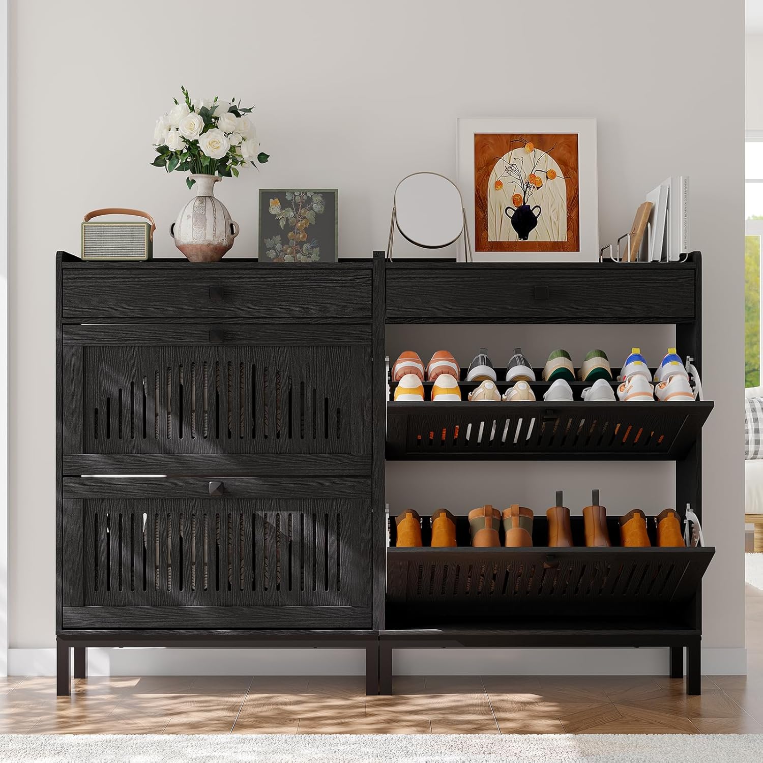 GAOMON Shoe Storage Cabinet with 2 Flip Drawer, Shoes Organizer with with Top Drawer，Hollow Out Panel & Black Square Handles, Adjustable Shoe Rack for Entryway