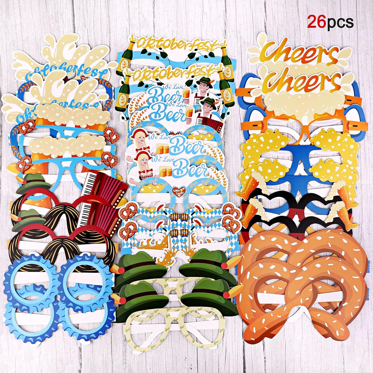 HOWAF Oktoberfest Paper Party Glasses, 26pcs Funny Photo Booth Props for Kids Adults, Bavarian German Beer Festival Fancy Dress Accessories, Oktoberfest Party Decorations Favors Supplies