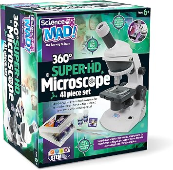 Science Mad 360 HD Microscope - Kids Premium Laboratory Lens Toy | Aesthetic High 200X Magnification Rotating Turret LED Slide Tools Kit for Biology STEM Research Clever Educational Gifts