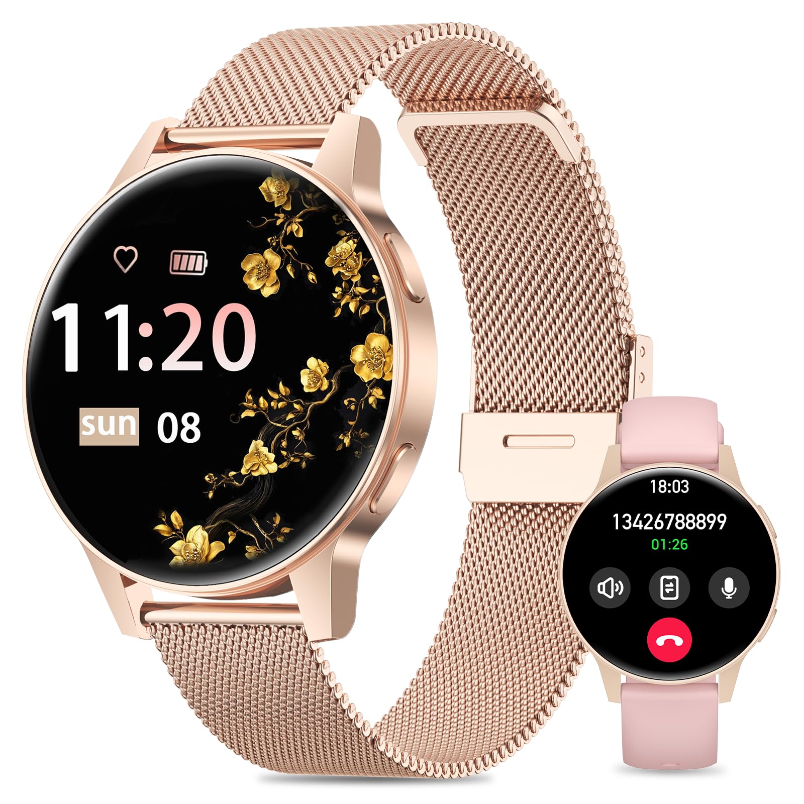 Reloj Inteligente Mujer, 1.27" TFT con Llamadas Bluetooth Smartwatch Mujer, Ciclo Femenino, 24H Pulsometro, Monitor de sueño, 100+ Deportes, IP68 Waterproof, para Android/iOS (Oro Rosa)