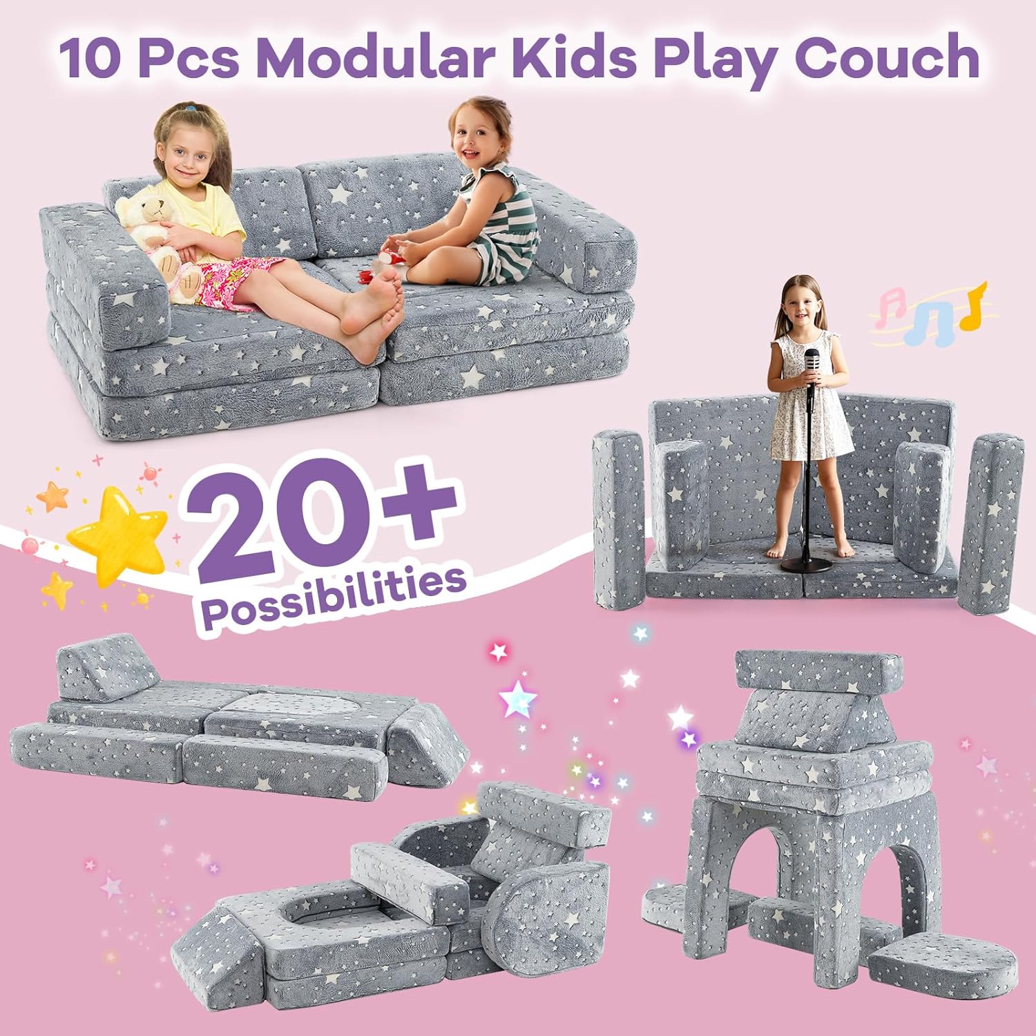 Costzon 10 Pcs Modular Kids Play Couch, Toddler Sectional Sofa Chair Glow in The Dark, Convertible Baby Sofa & Floor Cushion, Bedroom & Playroom Furniture for Building Fort Gift for Boys Girls 3+