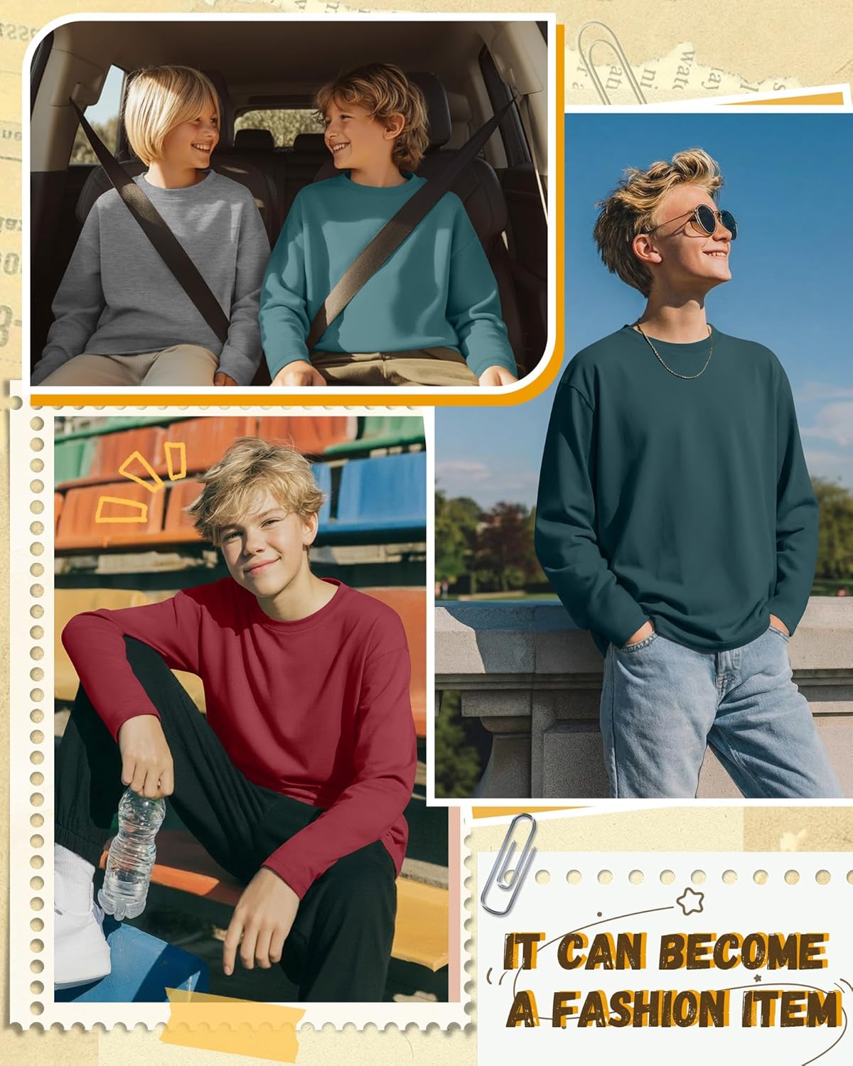 5 Pack Boys' Long Sleeve Shirts 3-16 Years Crew Neck Kids T-Shirts Teen Baggy Casual Layer Solid Tops - Image 5