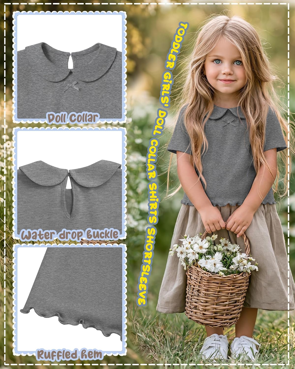 4 Pack Toddler Girls' Collar Shirts Short Sleeve Bow Tops Lettuce Trim Color Tshirts Casual Basic Baby Kids Tees
