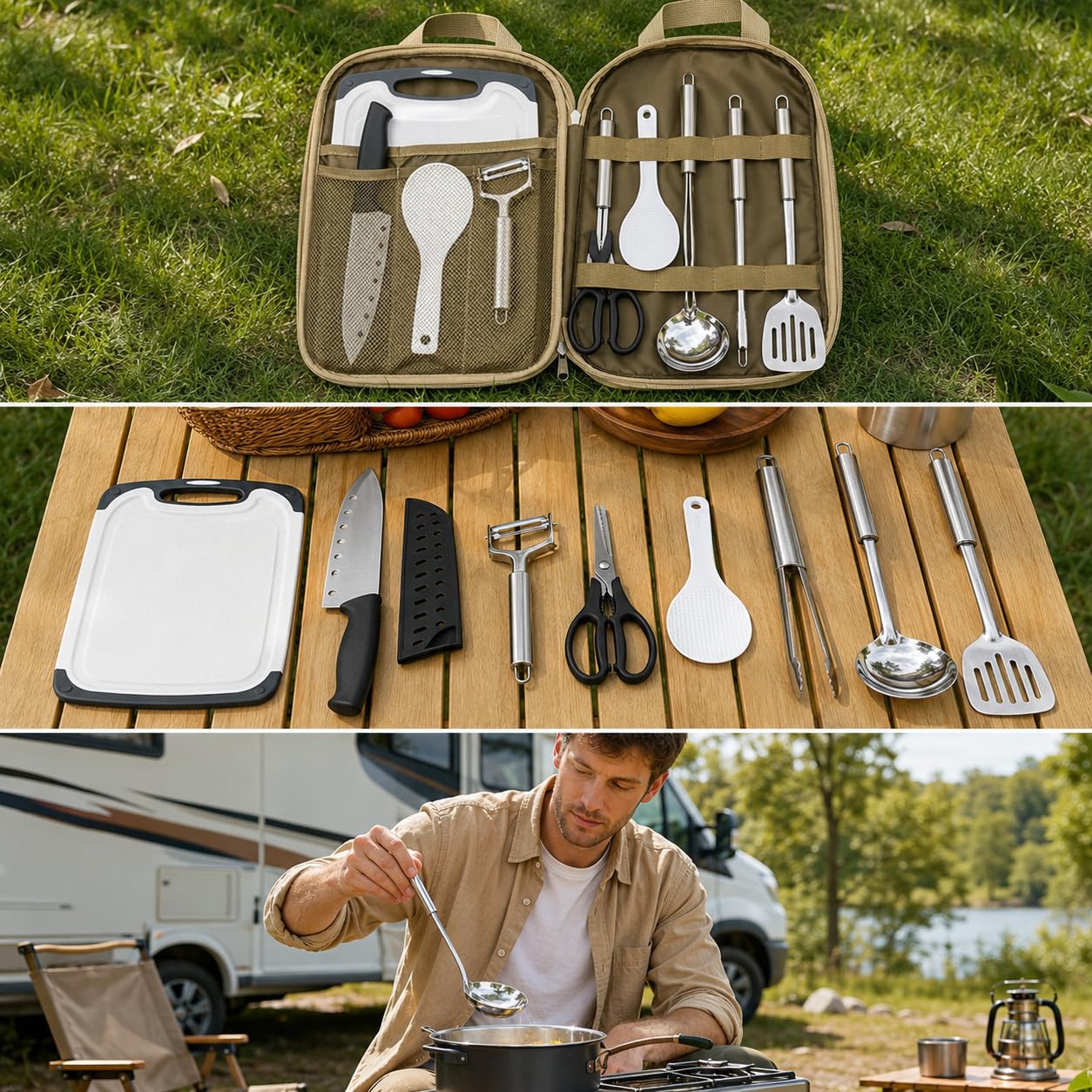 Juego Unsilios Cocina Camping Acero Inoxidable para Acampada y Actividas al Libre, Caqui